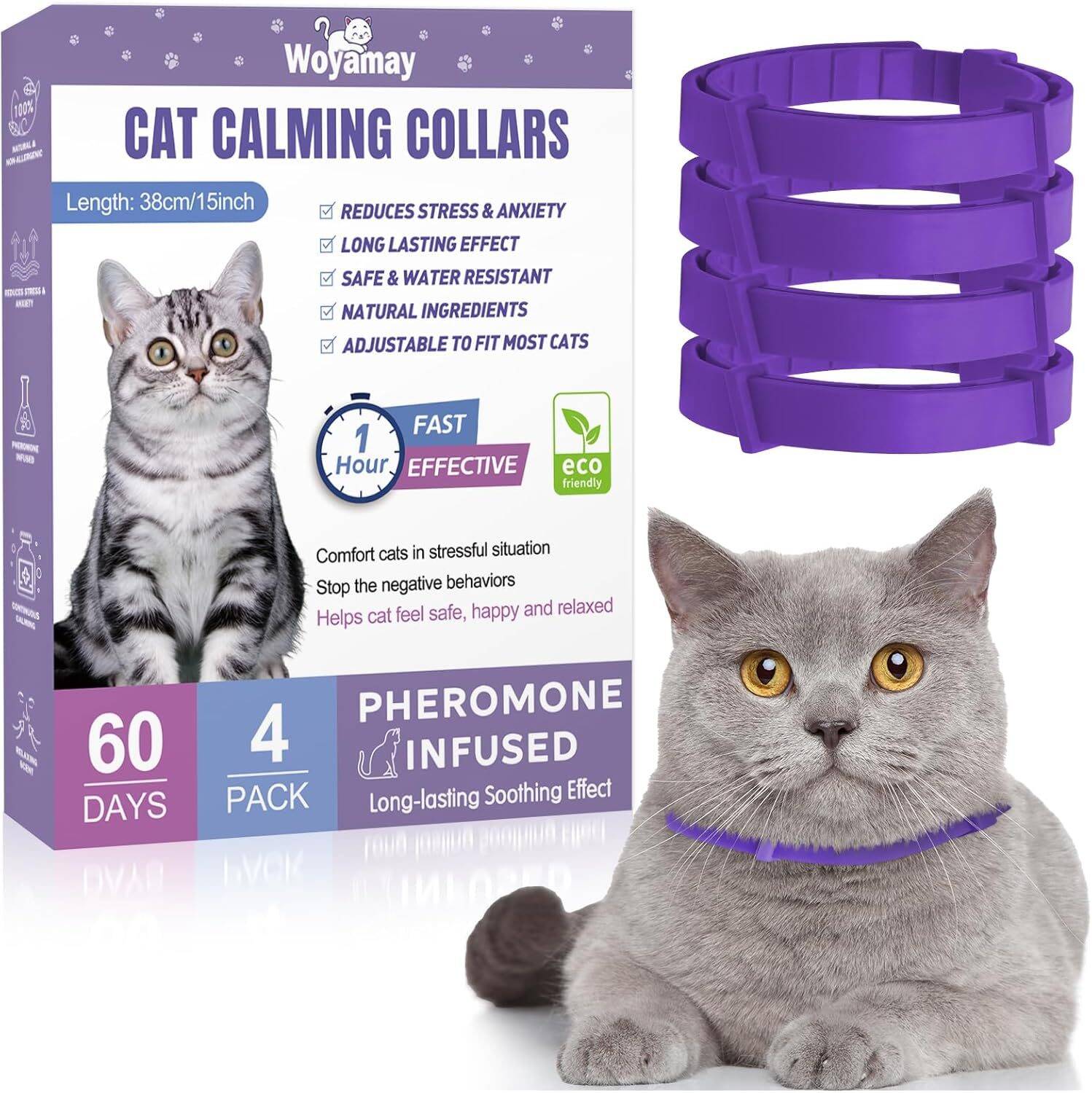 4-Pack Adjustable Calming Collar for Cats, 60-Day Relief
