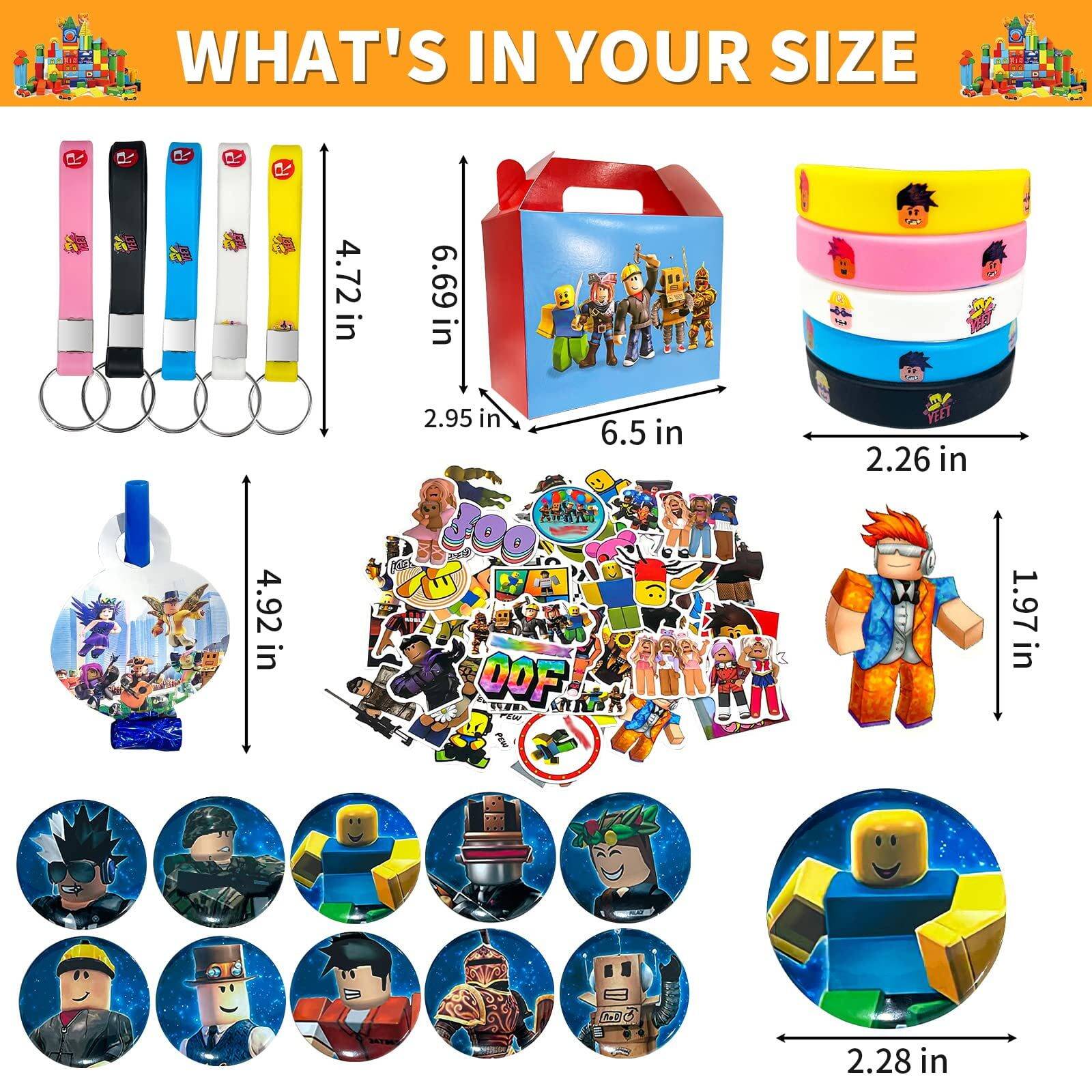 102 Pcs Roblox Decorations for Party Favors Set, Include 50 Stickers, 10 Bracelets, 10 Button Pins, 10 Keychain, 12 Blowouts, 10 Candy Box, Party Supplies Set for Boy and Girl - Image 5