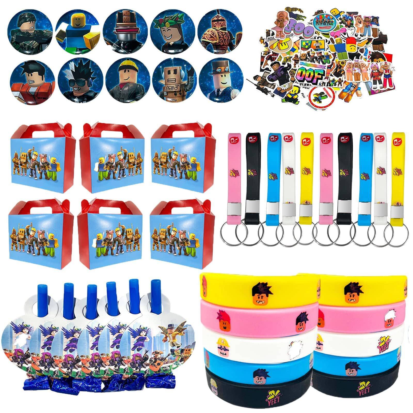 102 Pcs Roblox Decorations for Party Favors Set, Include 50 Stickers, 10 Bracelets, 10 Button Pins, 10 Keychain, 12 Blowouts, 10 Candy Box, Party Supplies Set for Boy and Girl