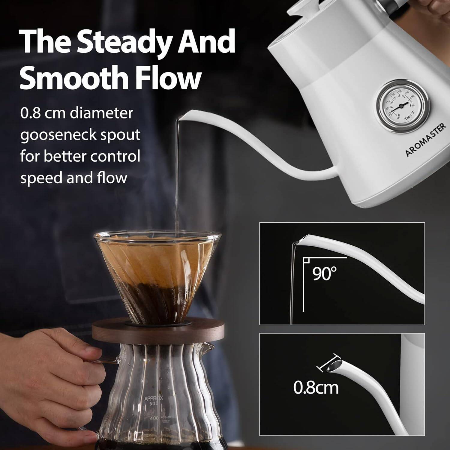 Aromaster Electric Gooseneck Kettle 1200 Watt Quick Heating 0.8L Kettle with Thermometer,100% Stainless Steel ( White) - Image 6