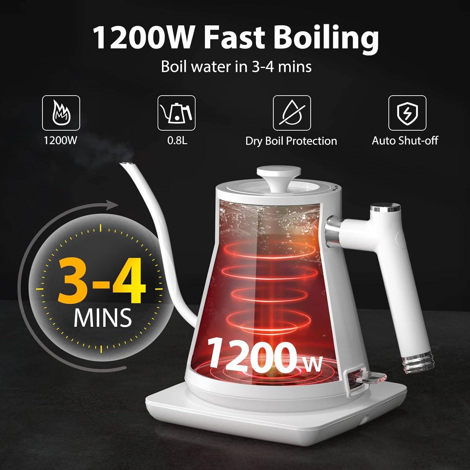 Aromaster Electric Gooseneck Kettle 1200 Watt Quick Heating 0.8L Kettle with Thermometer,100% Stainless Steel ( White) - Image 5