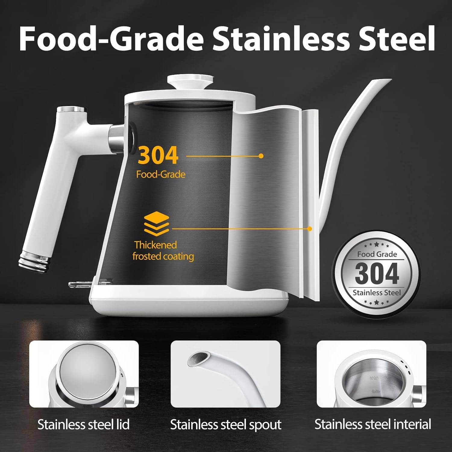 Aromaster Electric Gooseneck Kettle 1200 Watt Quick Heating 0.8L Kettle with Thermometer,100% Stainless Steel ( White) - Image 4