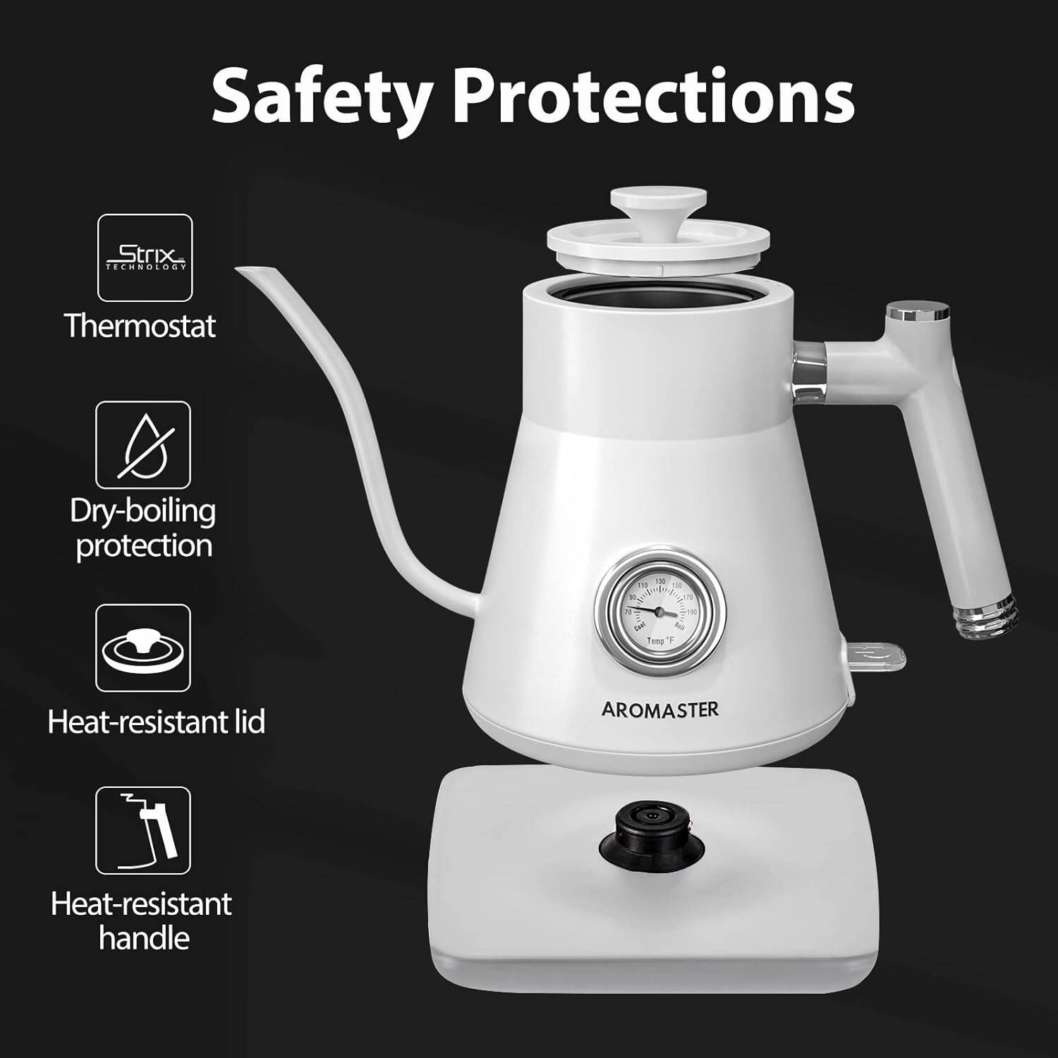 Aromaster Electric Gooseneck Kettle 1200 Watt Quick Heating 0.8L Kettle with Thermometer,100% Stainless Steel ( White) - Image 2