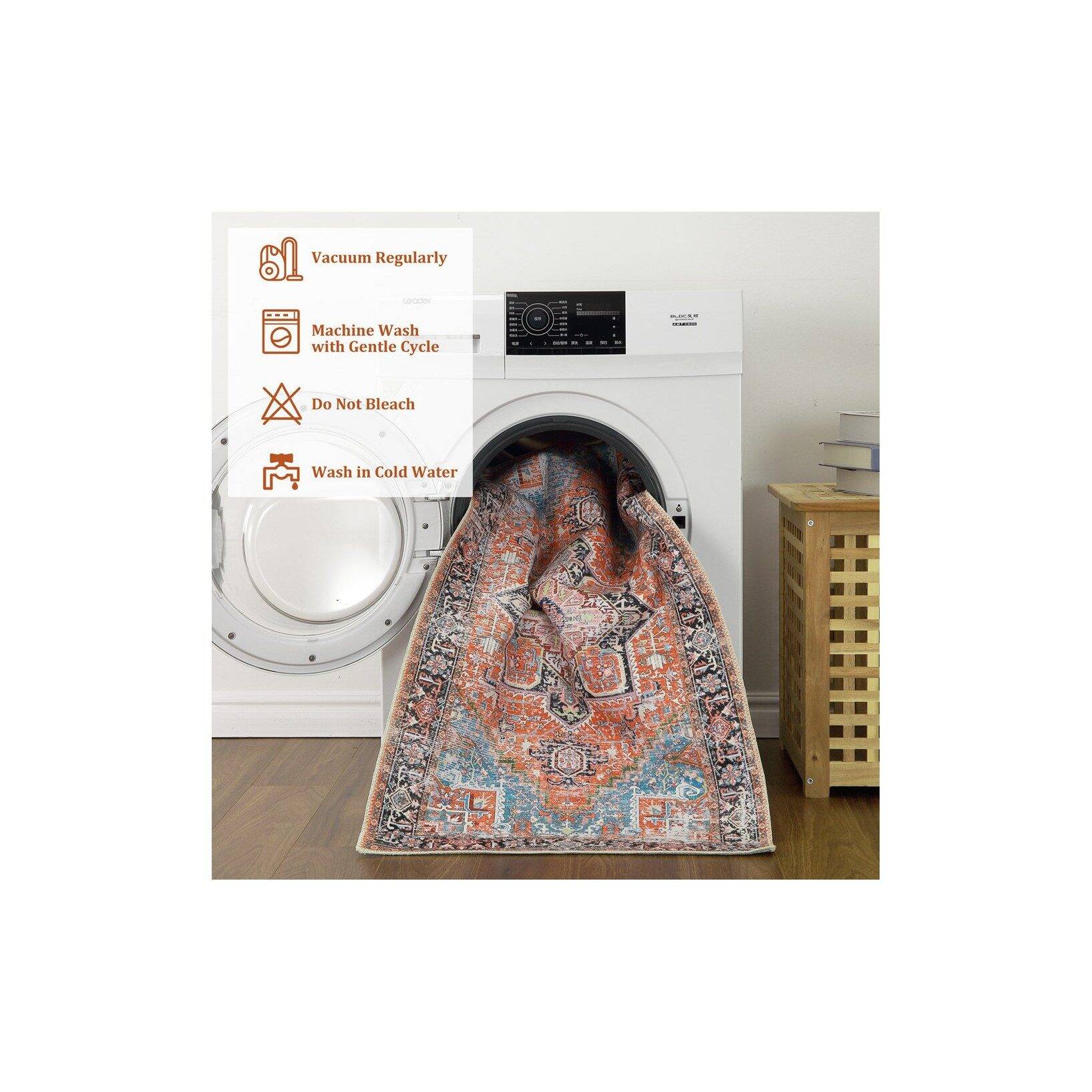 Machine Washable Rug Vintage Distressed Accent Rug Oriental Floral Floor Cover Carpet - Image 4