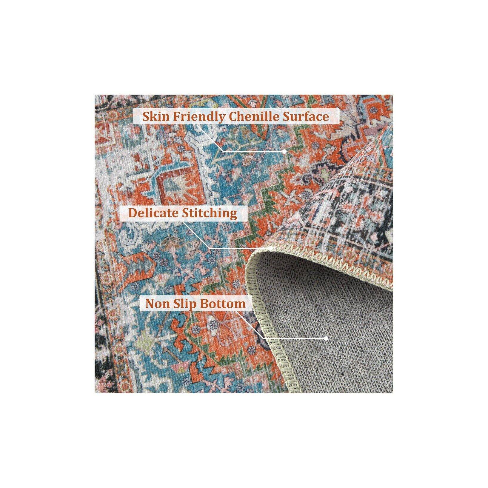 Machine Washable Rug Vintage Distressed Accent Rug Oriental Floral Floor Cover Carpet - Image 2