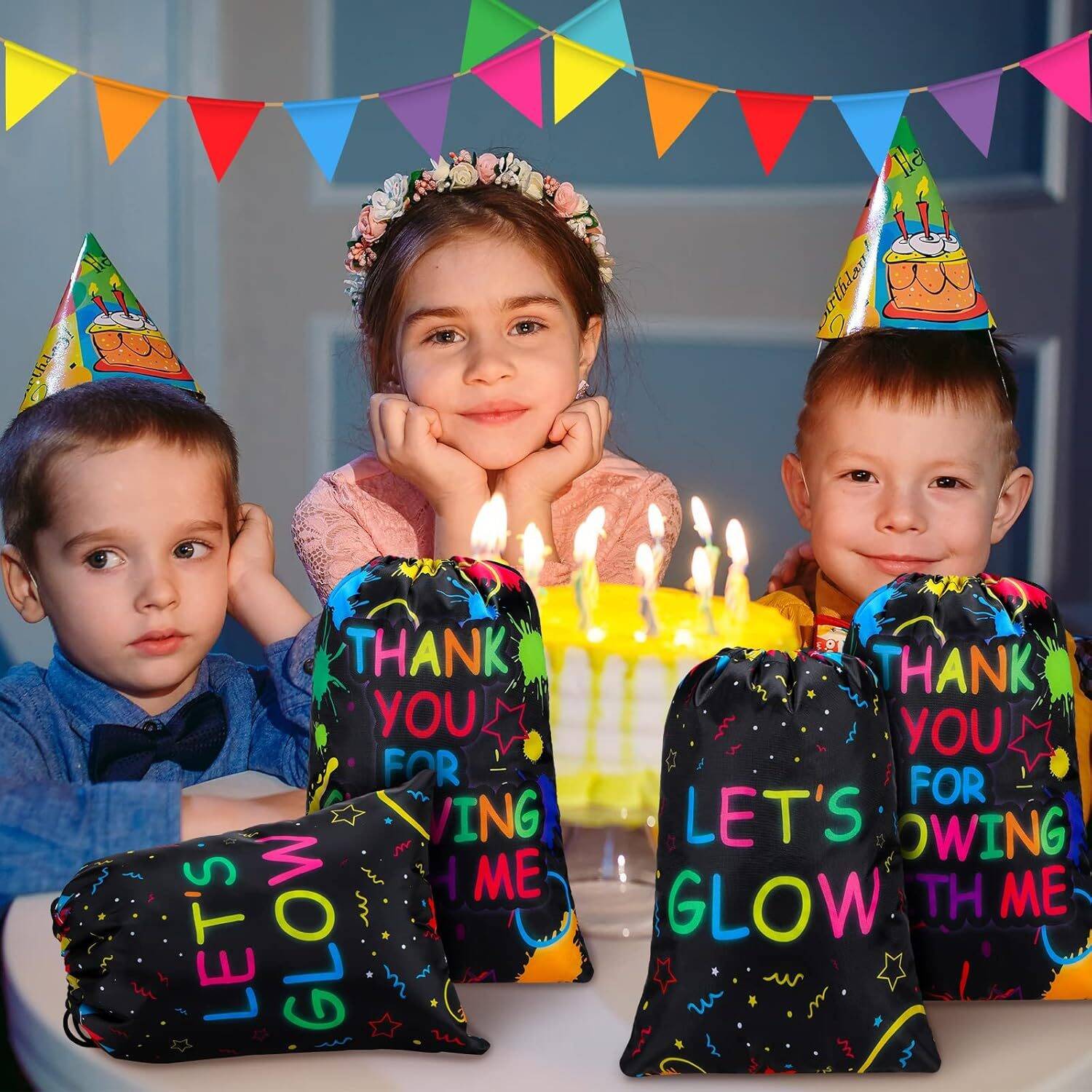 Sadnyy Let's Glow Drawstring Bags Glow Party Supplies Favor Gift Bags Neon Pouch for Retro 80s 90s Theme Party Decorations(12 Pieces) - Image 6