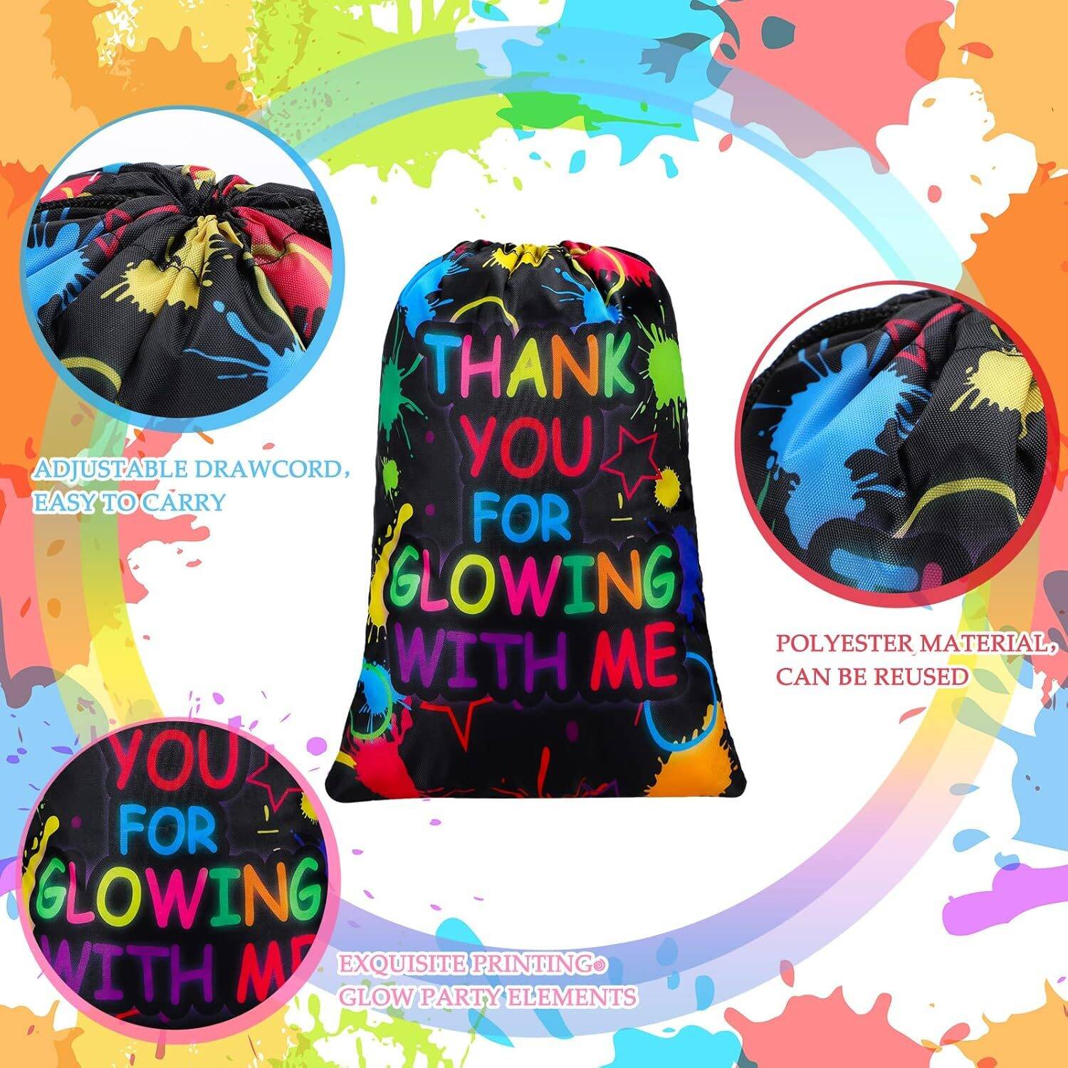 Sadnyy Let's Glow Drawstring Bags Glow Party Supplies Favor Gift Bags Neon Pouch for Retro 80s 90s Theme Party Decorations(12 Pieces) - Image 3