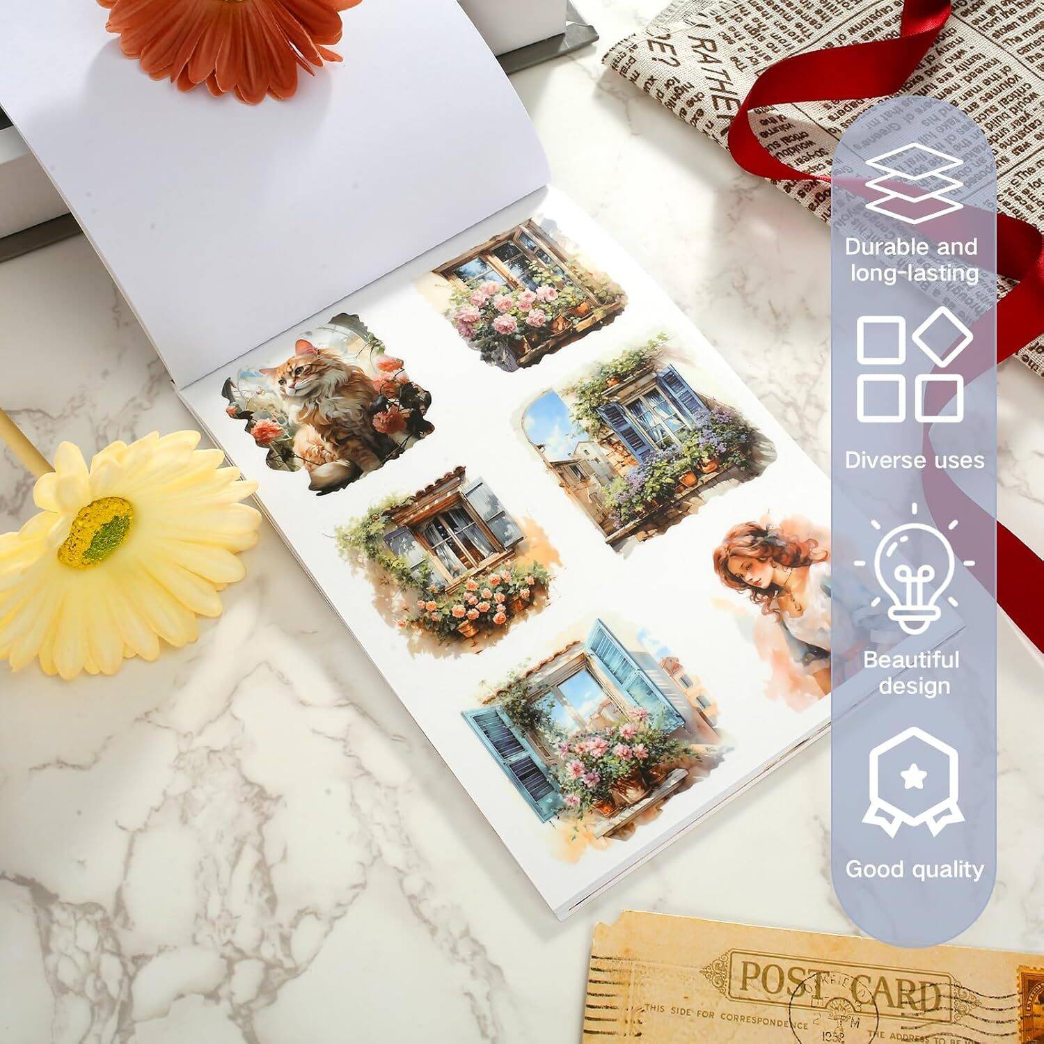 Pre-Cut Scrapbook Sticker Book for Adults, Aesthetic Stickers Booklet Set, Dual Materials, 20 Sheets A5 Collage Book for Scrapbooking Supplies, Junk Journals (B) - Image 4