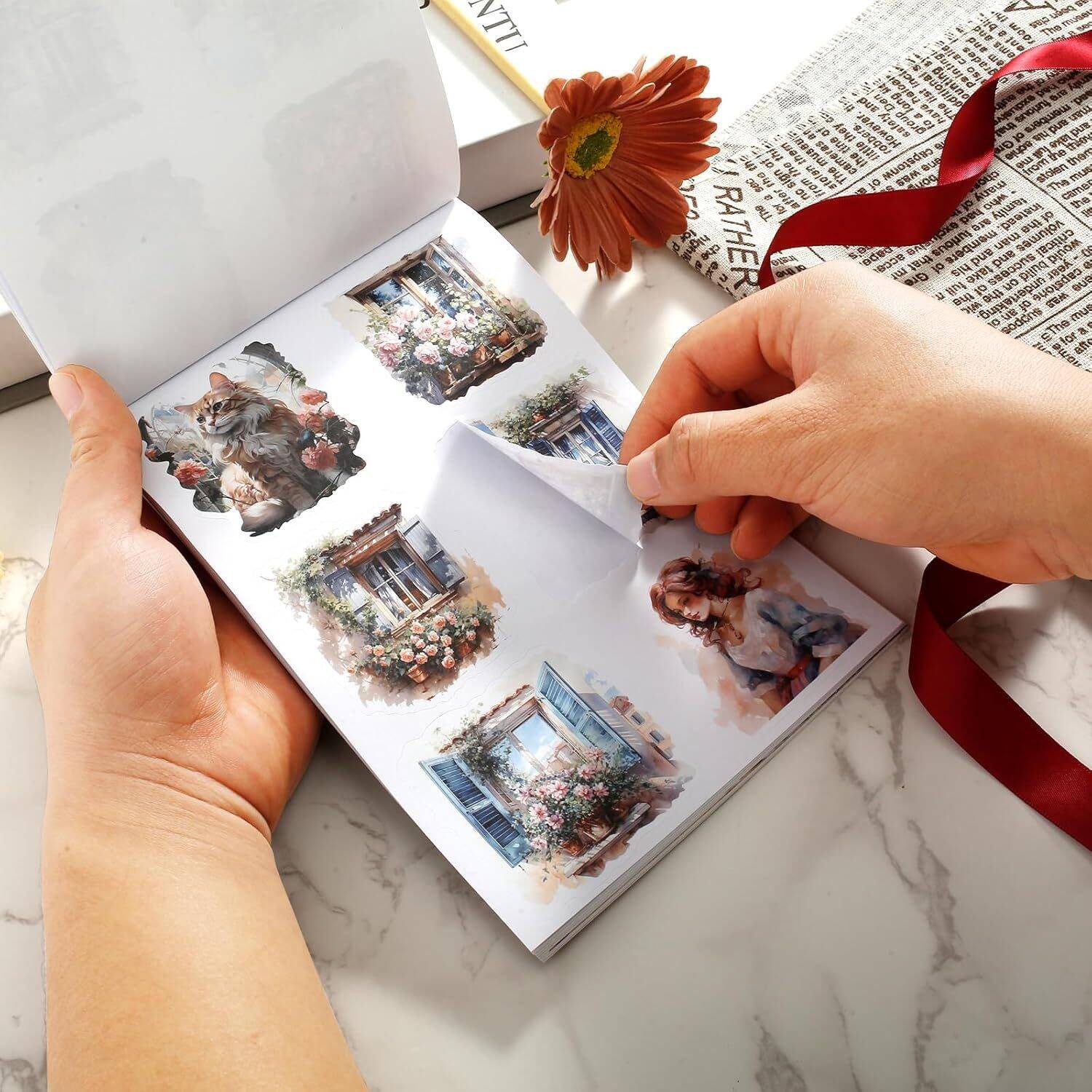 Pre-Cut Scrapbook Sticker Book for Adults, Aesthetic Stickers Booklet Set, Dual Materials, 20 Sheets A5 Collage Book for Scrapbooking Supplies, Junk Journals (B) - Image 3