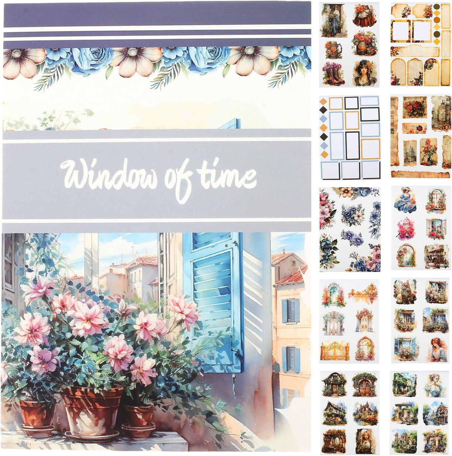 Pre-Cut Scrapbook Sticker Book for Adults, Aesthetic Stickers Booklet Set, Dual Materials, 20 Sheets A5 Collage Book for Scrapbooking Supplies, Junk Journals (B)