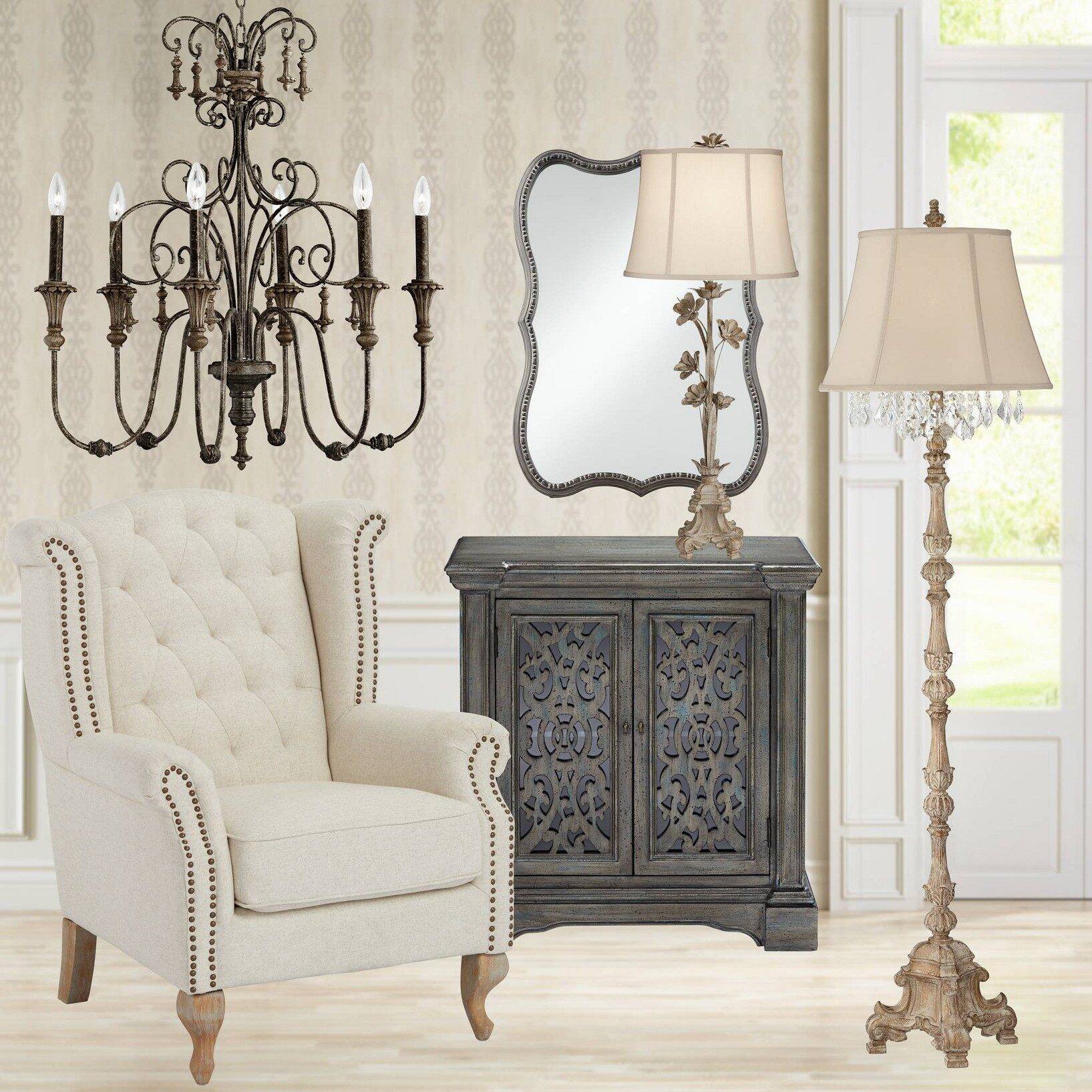 Barnes and Ivy Duval Country Cottage Floor Lamp 63 1/2" Tall Distressed Faux Wood Candlestick Crystal Glass Beading Cream Bell Shade for Living Room - Image 9