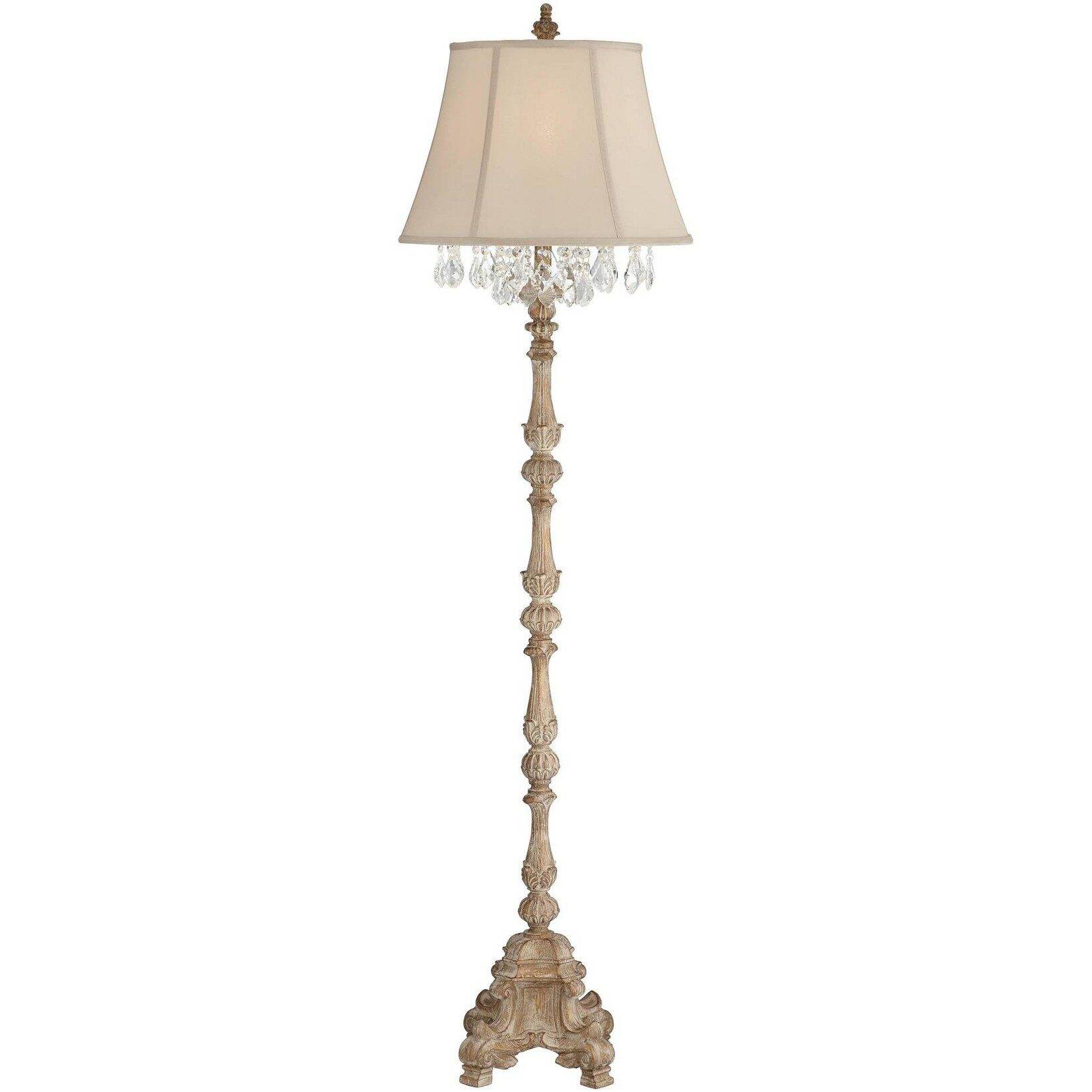 Barnes and Ivy Duval Country Cottage Floor Lamp 63 1/2" Tall Distressed Faux Wood Candlestick Crystal Glass Beading Cream Bell Shade for Living Room - Image 7
