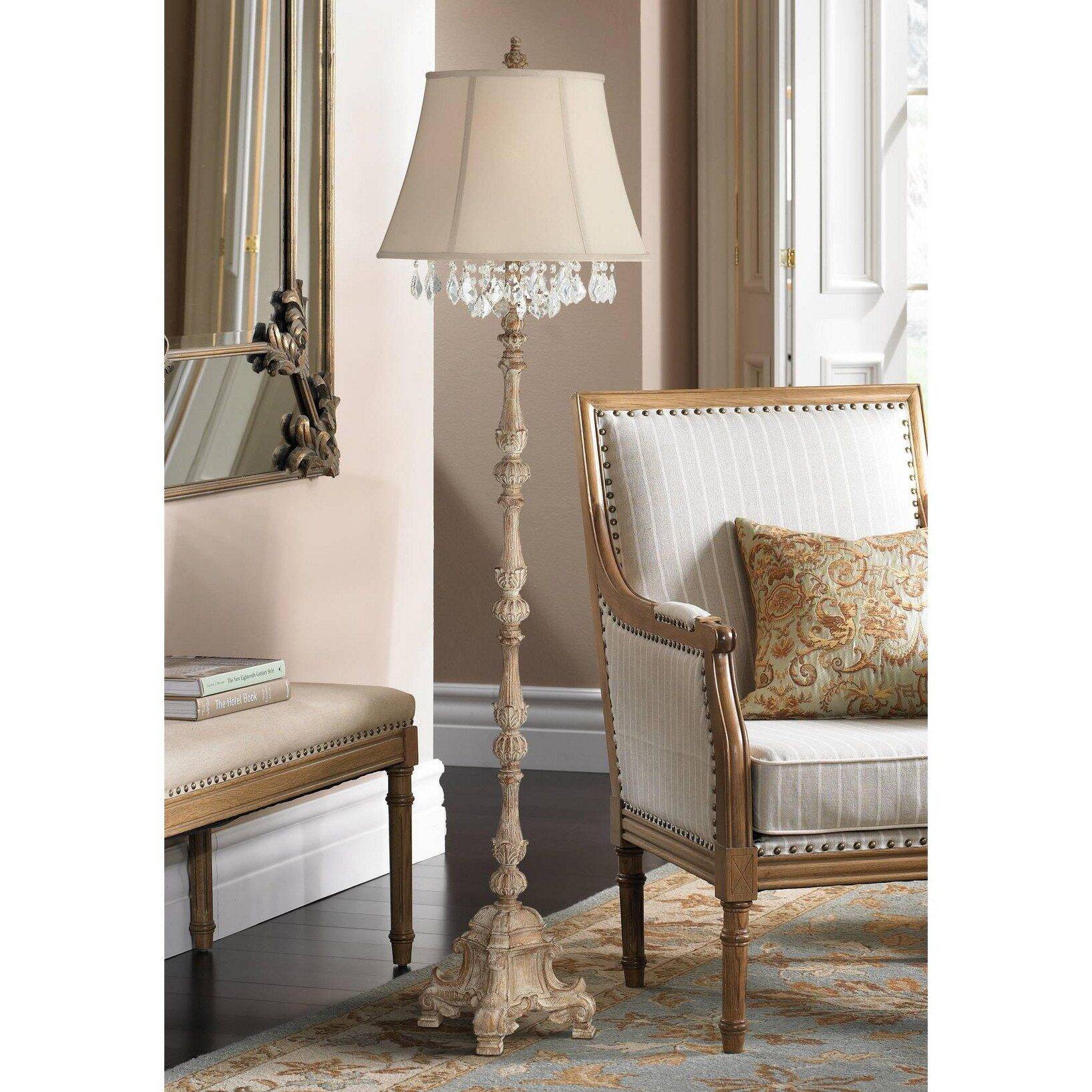 Barnes and Ivy Duval Country Cottage Floor Lamp 63 1/2" Tall Distressed Faux Wood Candlestick Crystal Glass Beading Cream Bell Shade for Living Room - Image 2