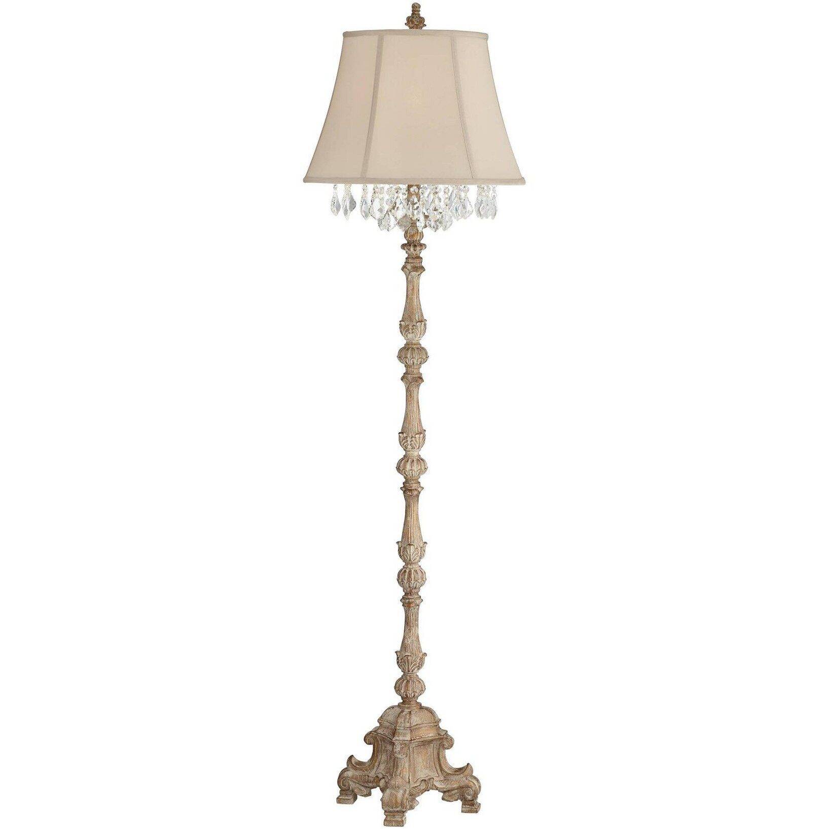 Barnes and Ivy Duval Country Cottage Floor Lamp 63 1/2" Tall Distressed Faux Wood Candlestick Crystal Glass Beading Cream Bell Shade for Living Room