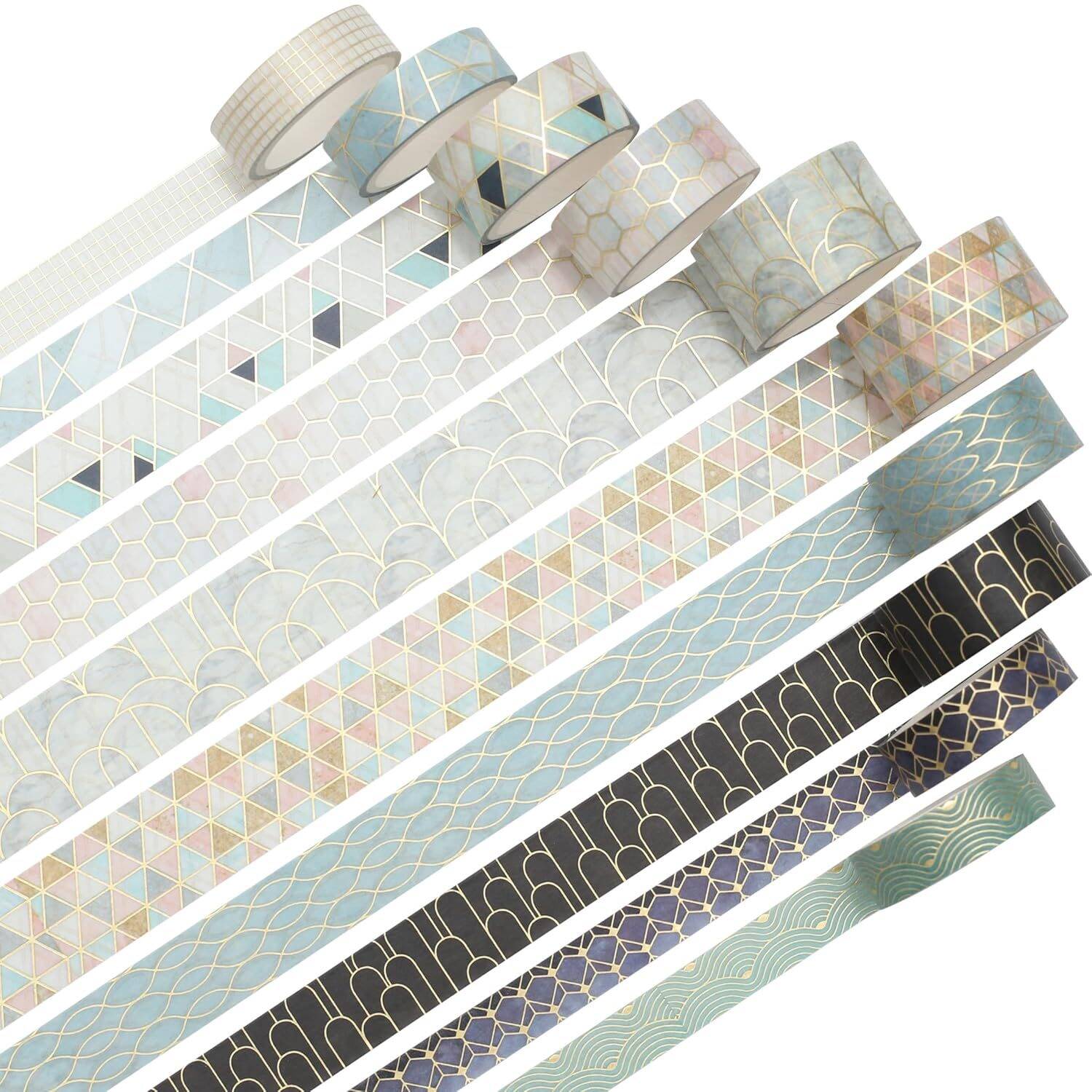 YUBX Creative Washi Tape Set 10 Rolls Gold Foil Print Decorative Masking Tapes for Arts, DIY Crafts, Journals, Planners, Scrapbook, Wrapping (Geometric Order) - Image 2