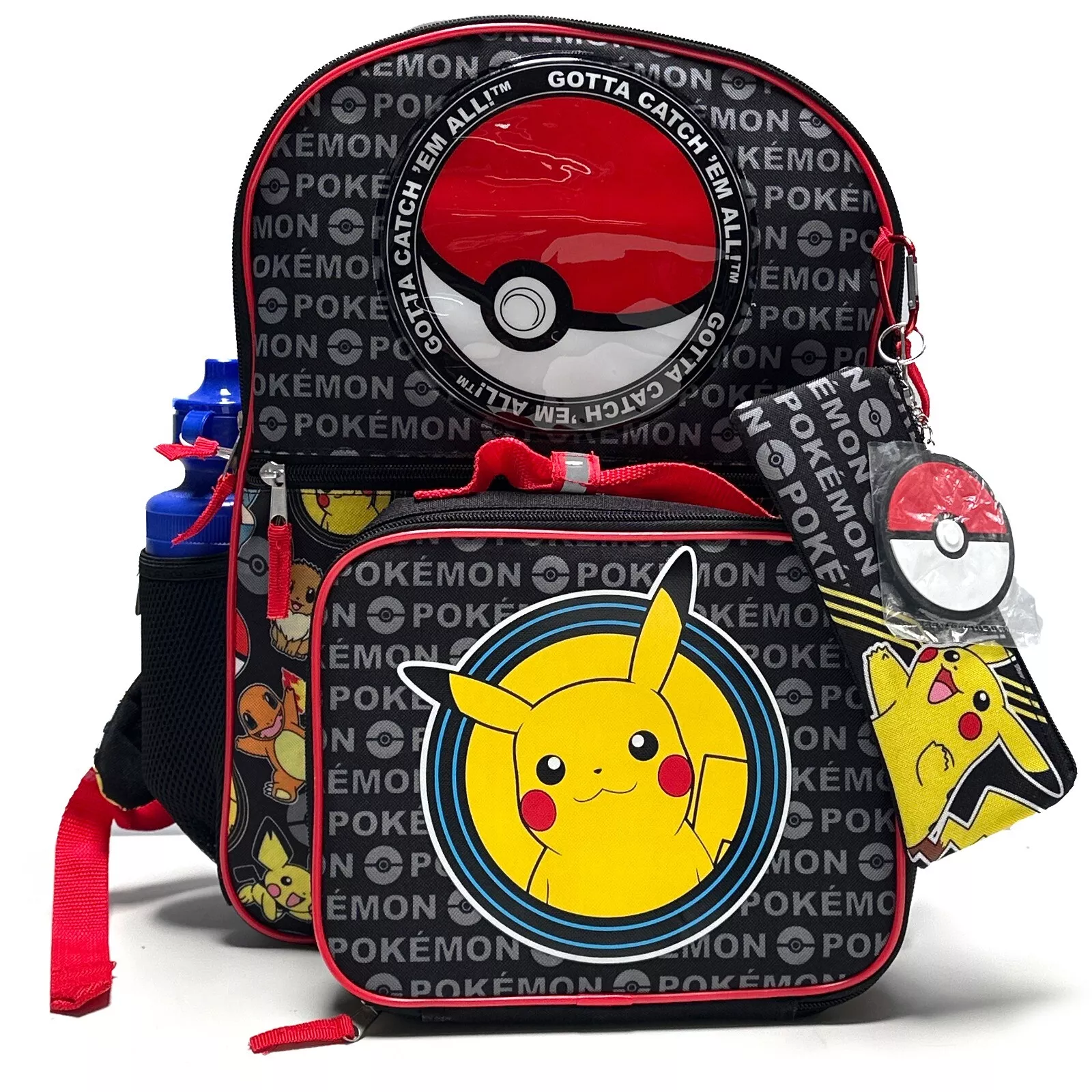 5 Piece Pokemon 16" Backpack Lunch Box Pencil Case Water Bottle Key Chain NWT