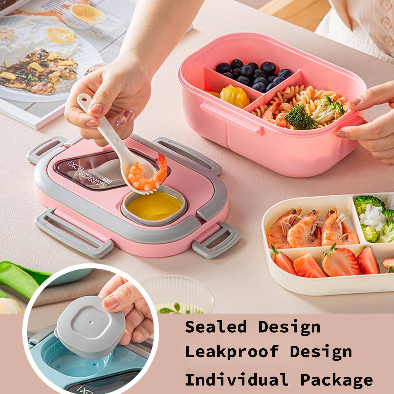 Bento Lunch Box With Tableware, 1200ML Lunch Box-Double layered 6 Compartment Bento Box, Built-in Utensil Set, Leak-Proof - Image 2