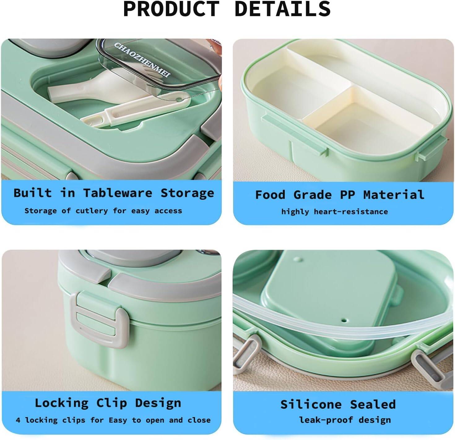 Bento Lunch Box With Tableware, 1200ML Lunch Box-Double layered 6 Compartment Bento Box, Built-in Utensil Set, Leak-Proof - Image 3