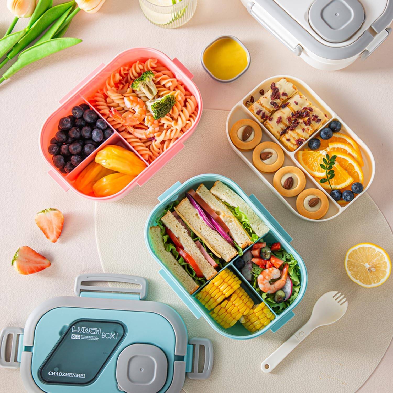 Bento Lunch Box With Tableware, 1200ML Lunch Box-Double layered 6 Compartment Bento Box, Built-in Utensil Set, Leak-Proof - Image 5