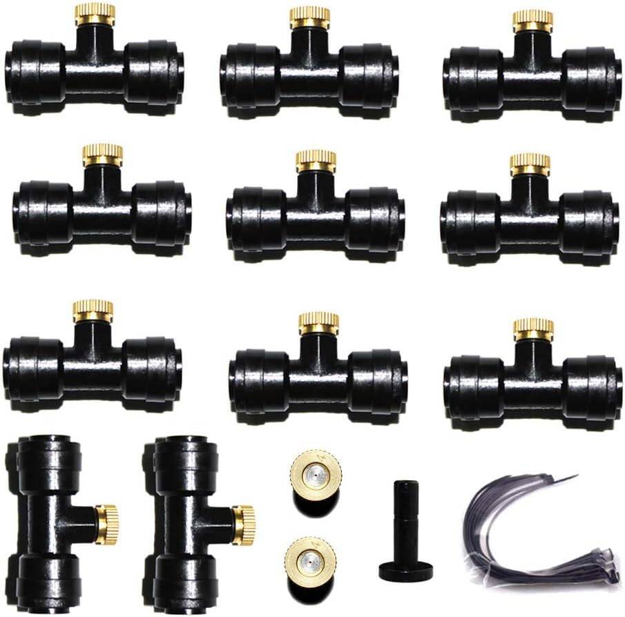 Brass Misting Nozzles, Water Mist Kits for Outdoor Cooling System with Thread 10/24 UNC Tees 11pcs, 0.4mm Orifice Nozzle 13pcs and 1plug