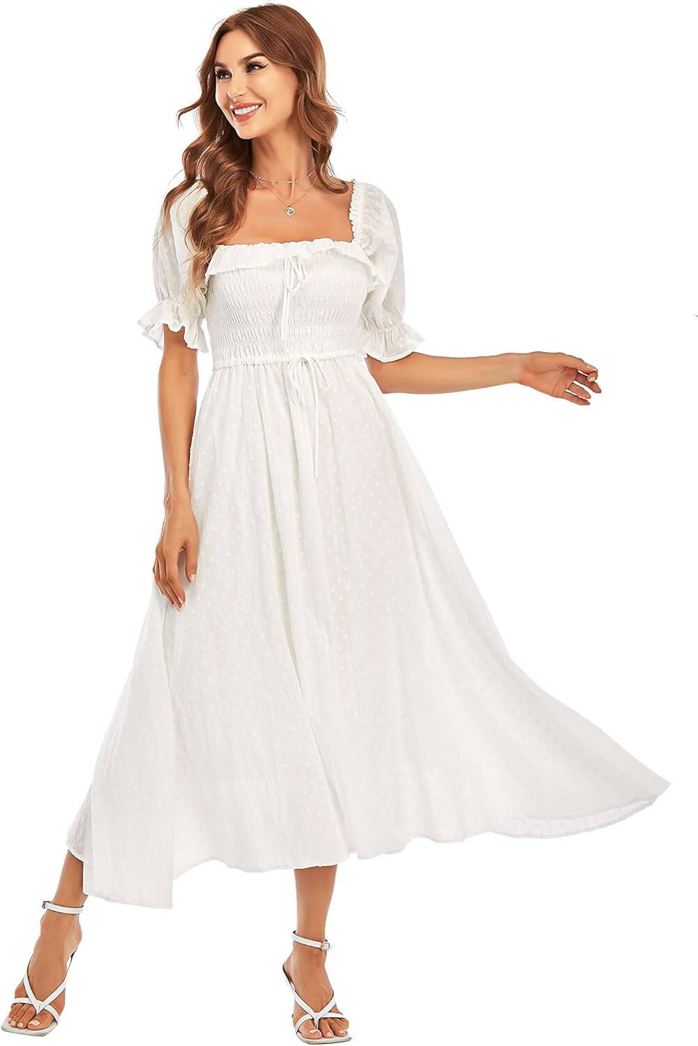 Women Vintage Elastic Square Neck Ruffled Half Sleeve Summer Backless Beach Flowy Maxi Dresses - Image 2