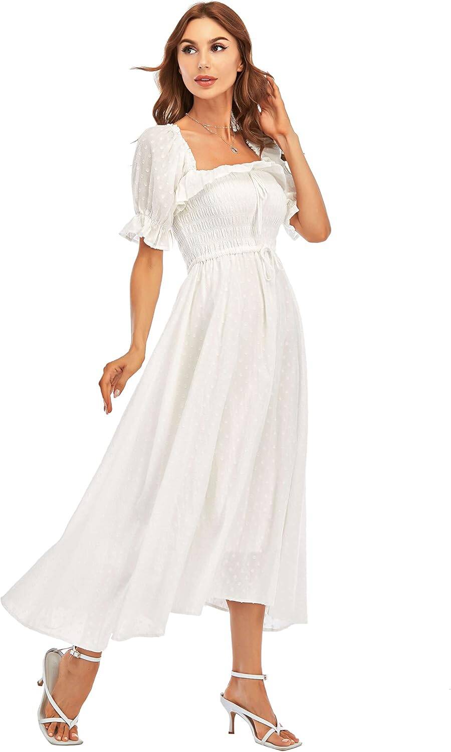 Women Vintage Elastic Square Neck Ruffled Half Sleeve Summer Backless Beach Flowy Maxi Dresses - Image 4