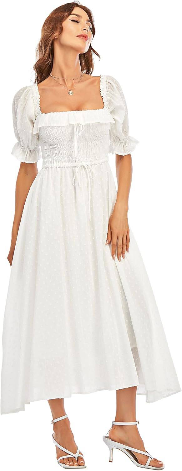 Women Vintage Elastic Square Neck Ruffled Half Sleeve Summer Backless Beach Flowy Maxi Dresses - Image 6