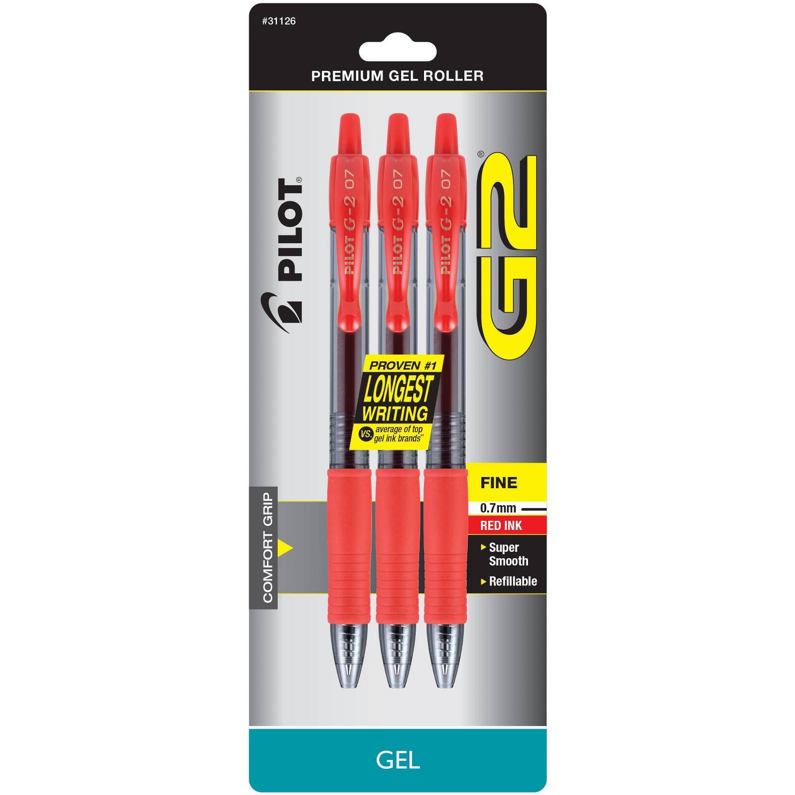 Pilot 3ct G2 Premium Retractable Gel Pens Fine Point 0.7mm Red Ink