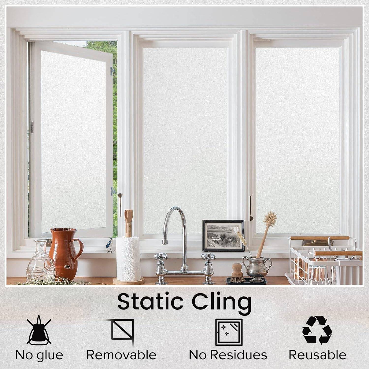 Rabbitgoo Window Privacy Film Non-Adhesive Frosted Glass 23.6" x 78.7" (Matte White) - Image 4