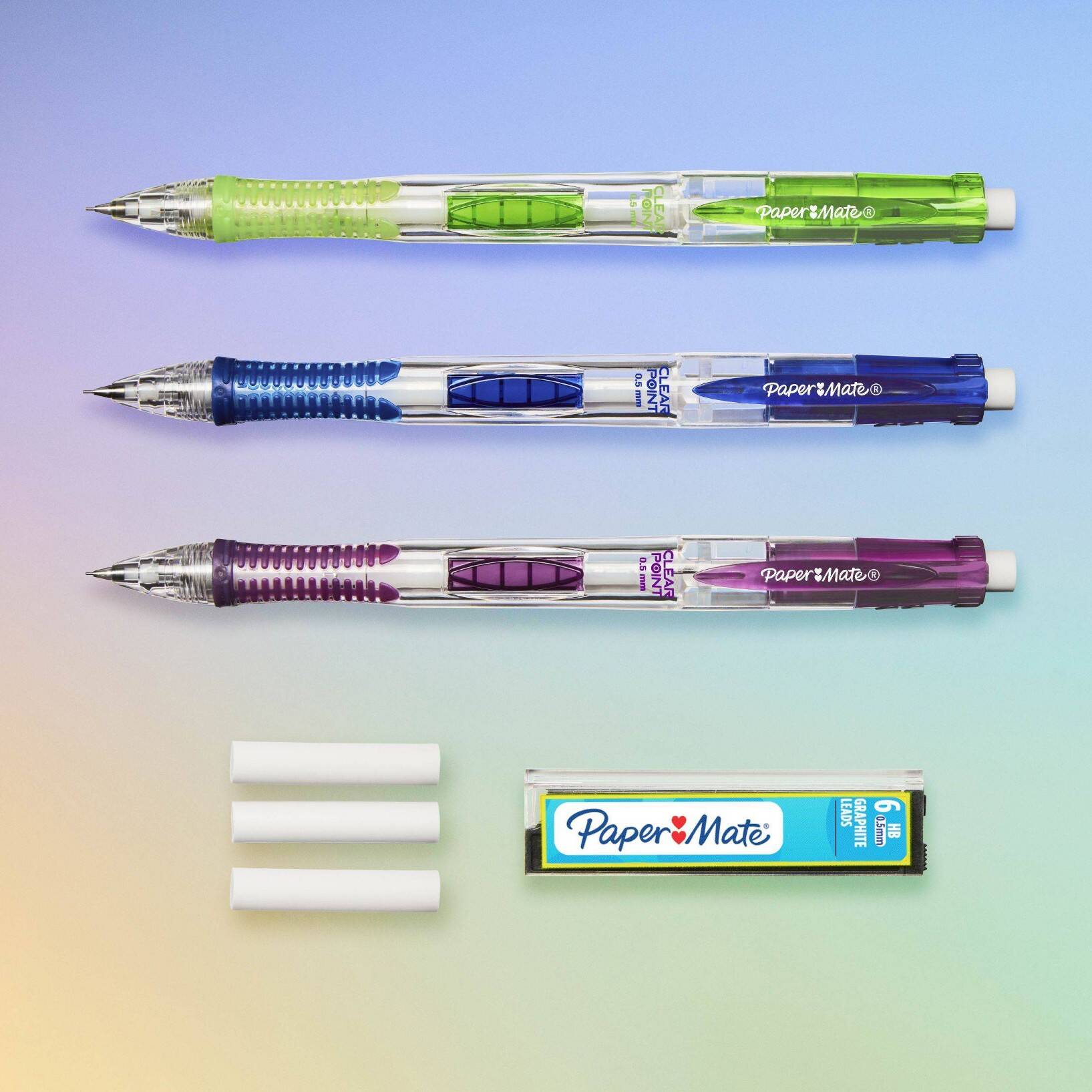 Paper Mate Clear Point 3pk 2 Mechanical Pencils with Eraser & Refill 0.5mm Green/Blue/Purple - Image 2