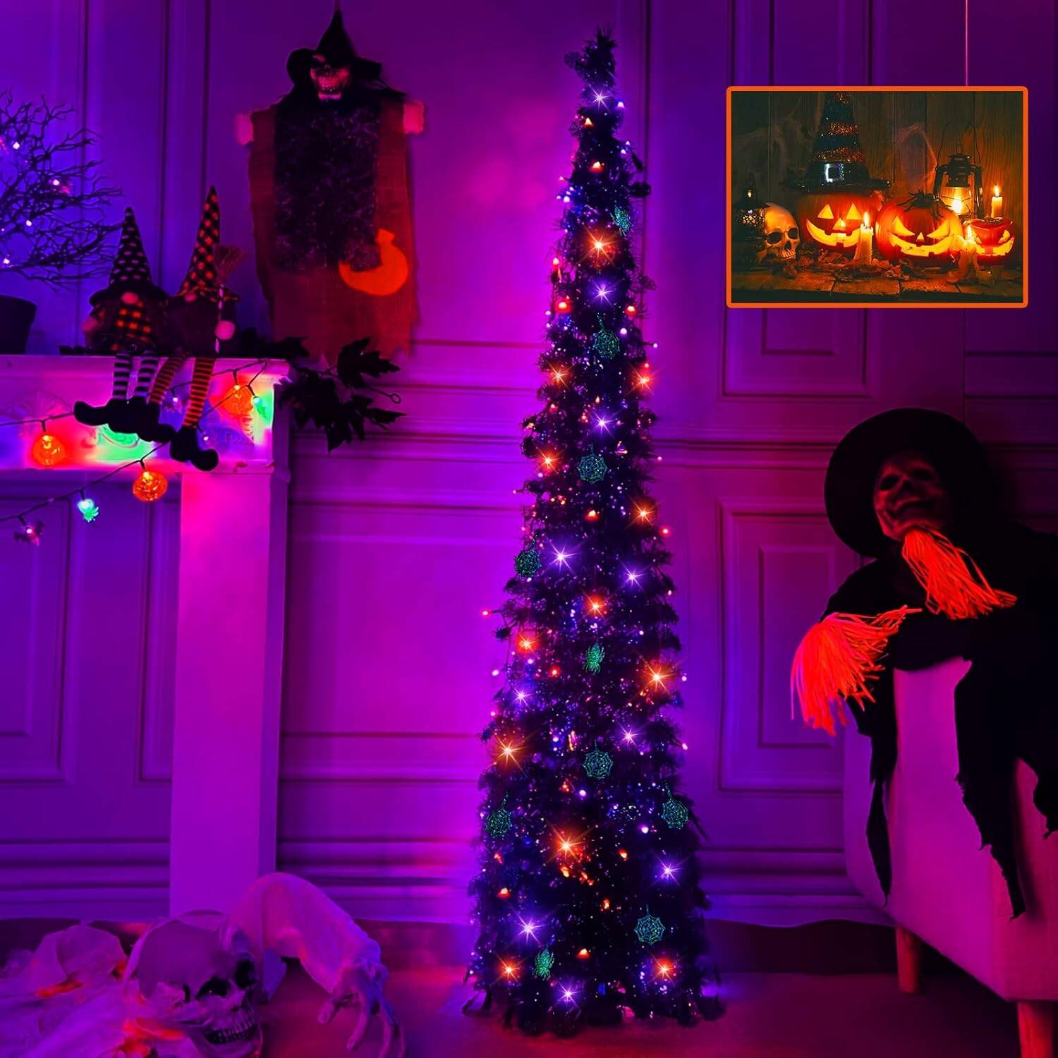 5 Ft Tinsel Pop Up Halloween Tree Decorations, Timer DIY 50LED Orange Purple Lights Spiders Web Sequins Battery Powered Artificial Pencil Black Christmas Tree Indoor Outdoor Home Party Halloween Decor - Image 4