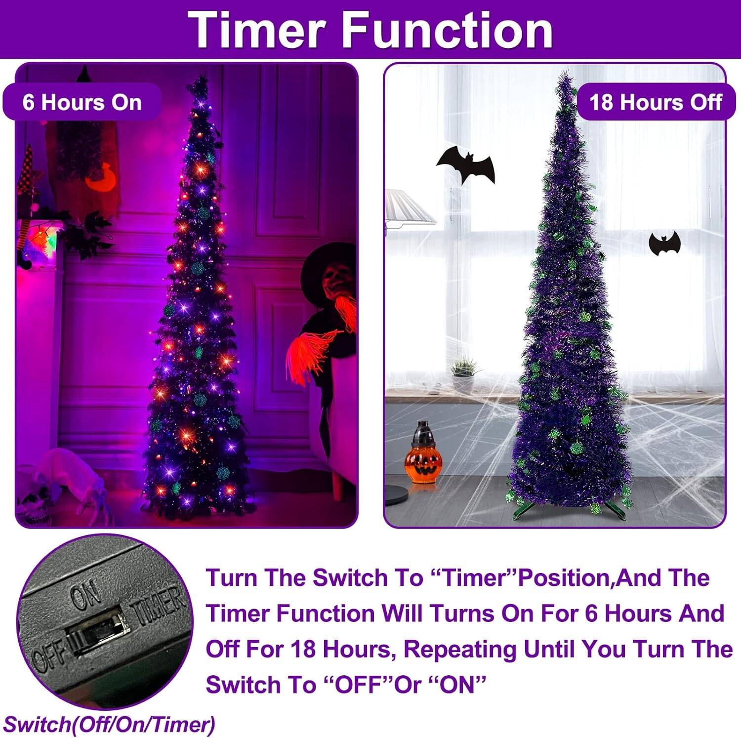 5 Ft Tinsel Pop Up Halloween Tree Decorations, Timer DIY 50LED Orange Purple Lights Spiders Web Sequins Battery Powered Artificial Pencil Black Christmas Tree Indoor Outdoor Home Party Halloween Decor - Image 5