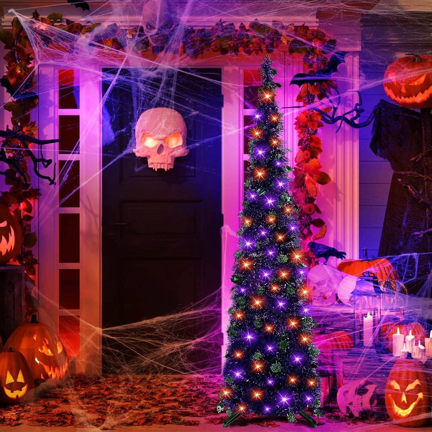 5 Ft Tinsel Pop Up Halloween Tree Decorations, Timer DIY 50LED Orange Purple Lights Spiders Web Sequins Battery Powered Artificial Pencil Black Christmas Tree Indoor Outdoor Home Party Halloween Decor - Image 7