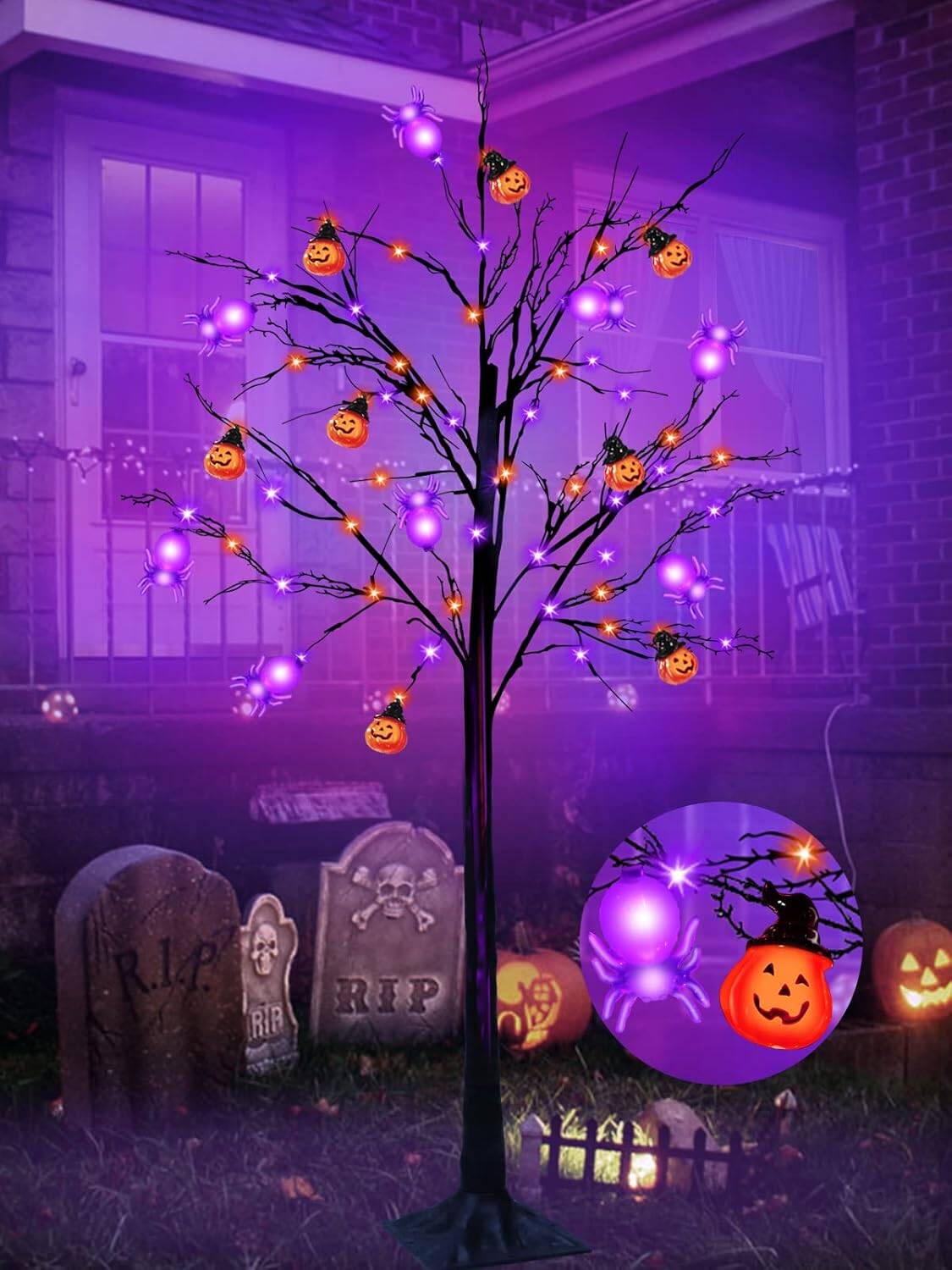 5 Ft Orange & Purple Lighted Halloween Tree Decor Timer 64 LED & 3D 8 Spiders & 8 Pumpkins Jack-O-Lantern DIY Ornament Black Spooky Tree Outdoor Indoor Home Yard Halloween Decoration(Plug In/4 Stakes)