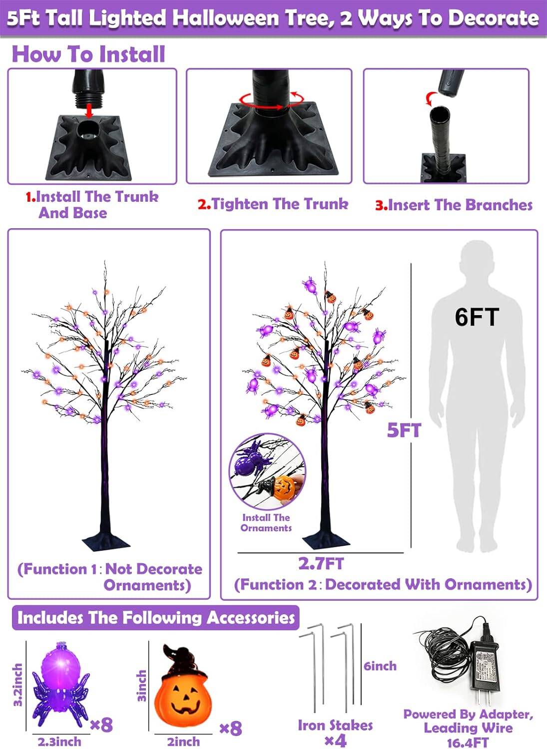 5 Ft Orange & Purple Lighted Halloween Tree Decor Timer 64 LED & 3D 8 Spiders & 8 Pumpkins Jack-O-Lantern DIY Ornament Black Spooky Tree Outdoor Indoor Home Yard Halloween Decoration(Plug In/4 Stakes) - Image 3
