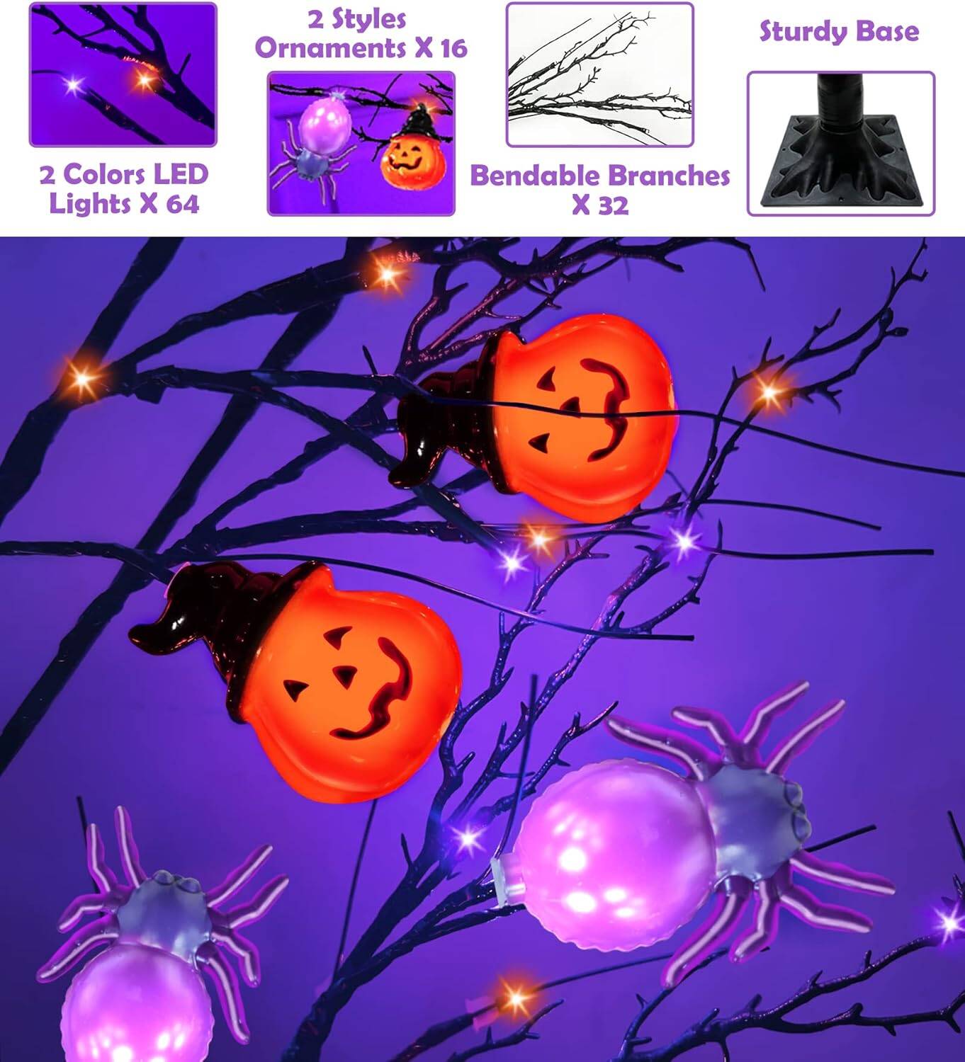 5 Ft Orange & Purple Lighted Halloween Tree Decor Timer 64 LED & 3D 8 Spiders & 8 Pumpkins Jack-O-Lantern DIY Ornament Black Spooky Tree Outdoor Indoor Home Yard Halloween Decoration(Plug In/4 Stakes) - Image 4