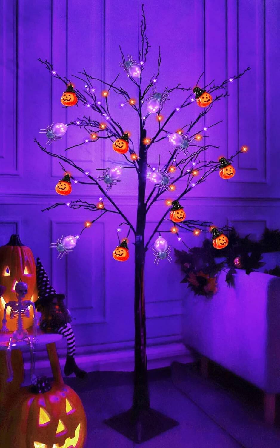 5 Ft Orange & Purple Lighted Halloween Tree Decor Timer 64 LED & 3D 8 Spiders & 8 Pumpkins Jack-O-Lantern DIY Ornament Black Spooky Tree Outdoor Indoor Home Yard Halloween Decoration(Plug In/4 Stakes) - Image 5
