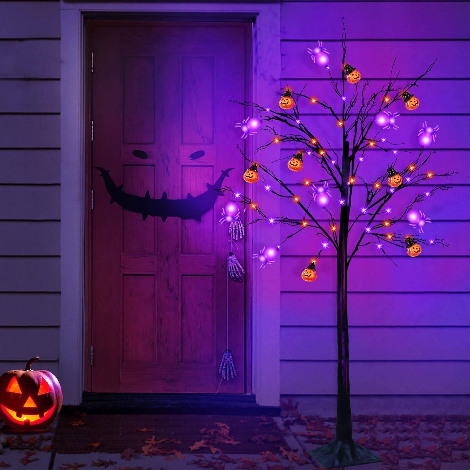 5 Ft Orange & Purple Lighted Halloween Tree Decor Timer 64 LED & 3D 8 Spiders & 8 Pumpkins Jack-O-Lantern DIY Ornament Black Spooky Tree Outdoor Indoor Home Yard Halloween Decoration(Plug In/4 Stakes) - Image 6