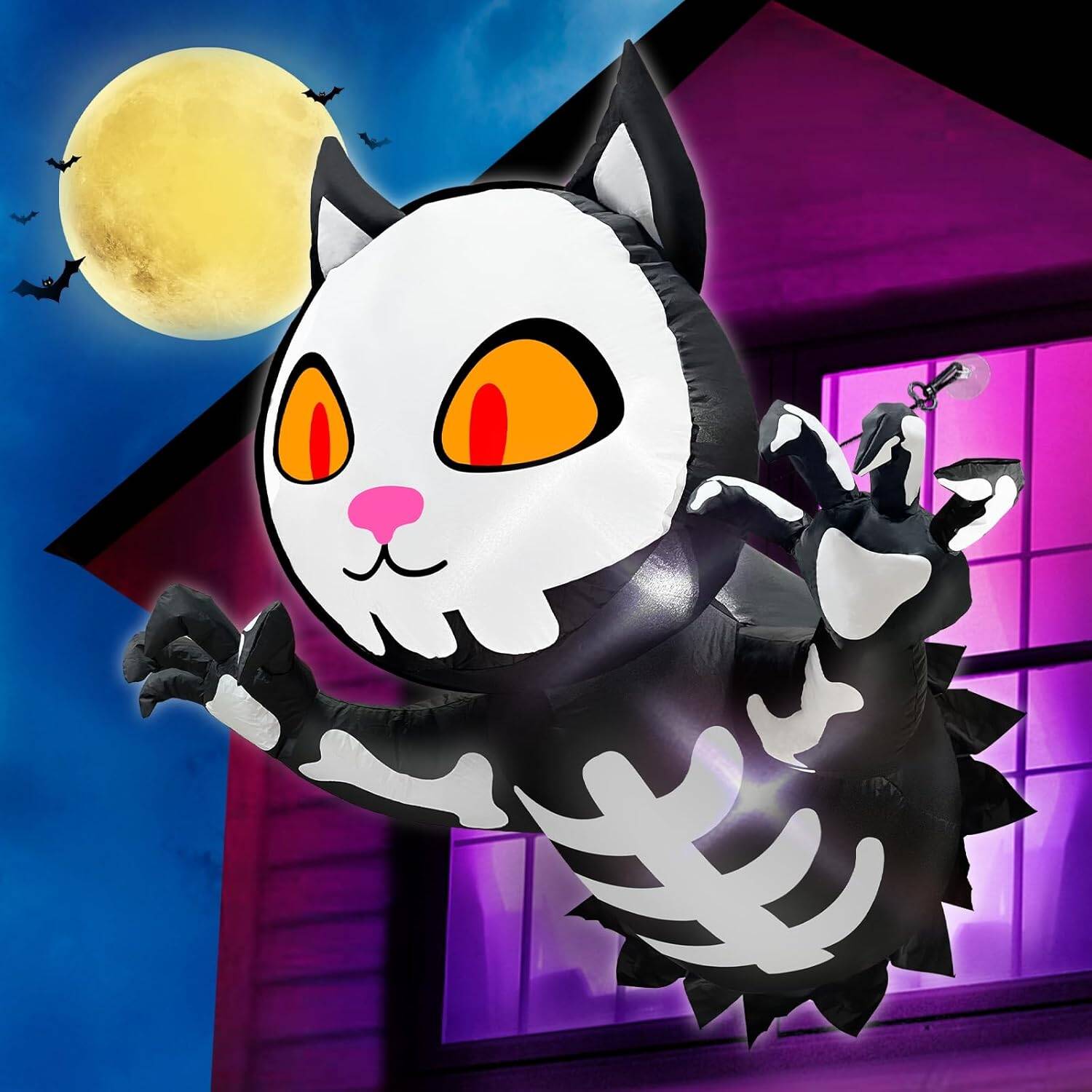 TURNMEON 4 Ft Halloween Inflatable Scary Black Cat Broke Out from Window Outdoor Halloween Decorations Blow Up Skeleton Build-in LED Lights Halloween Party Indoor Outside Home Yard Garden Lawn Decor