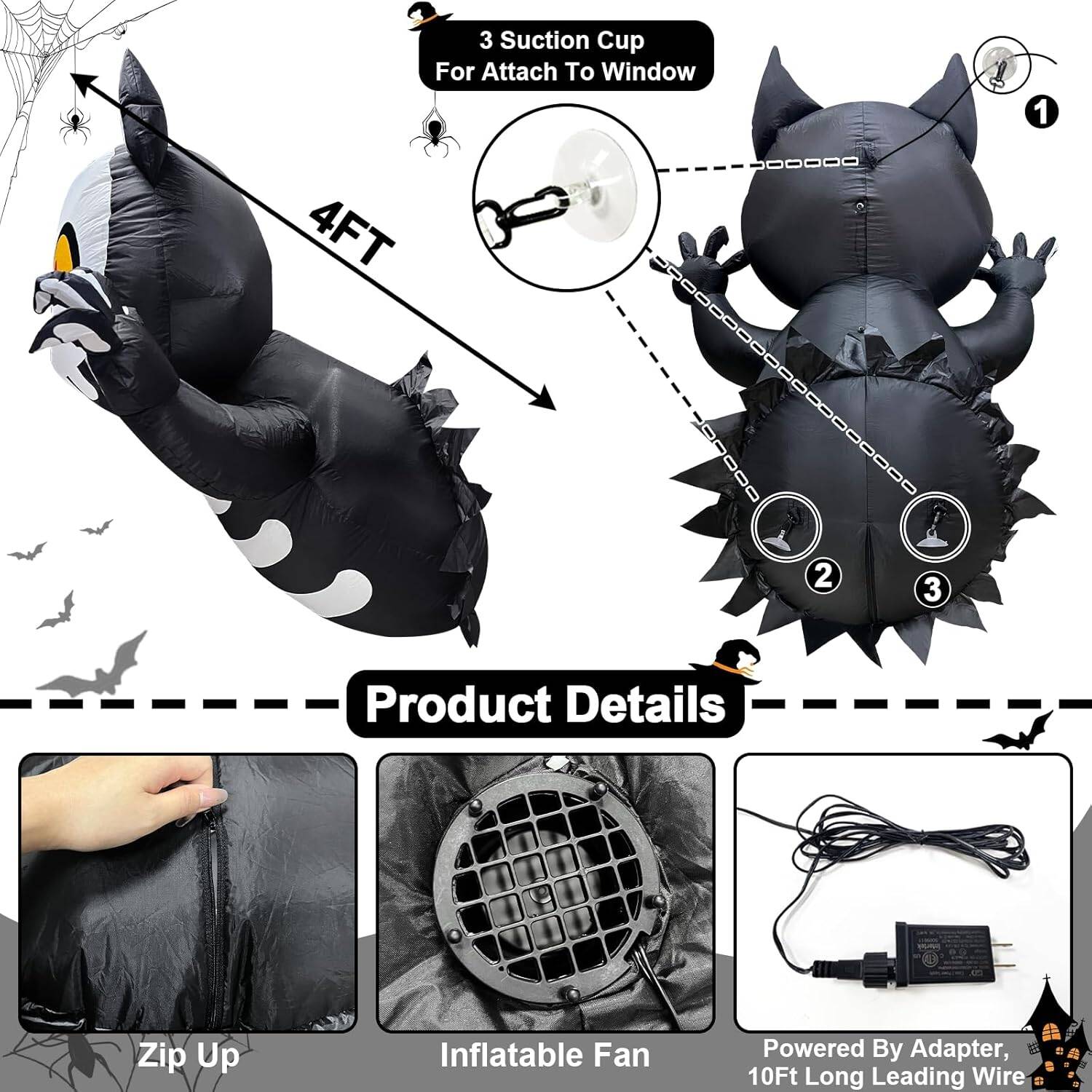 TURNMEON 4 Ft Halloween Inflatable Scary Black Cat Broke Out from Window Outdoor Halloween Decorations Blow Up Skeleton Build-in LED Lights Halloween Party Indoor Outside Home Yard Garden Lawn Decor - Image 5