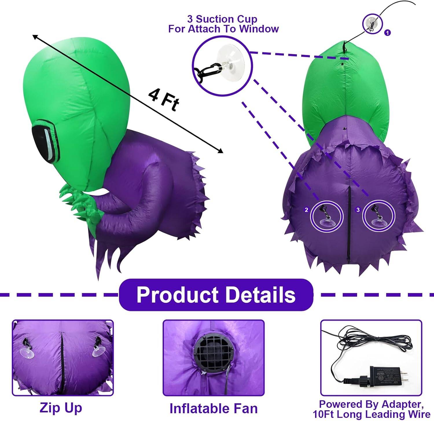 TURNMEON 4 Ft Halloween Inflatables Outdoor Decorations Alien Broke Out from Window with Built-in LED Blow Up Inflatable for Scary Halloween Decoration Party Home Indoor Outside Yard Garden Lawn Decor - Image 5