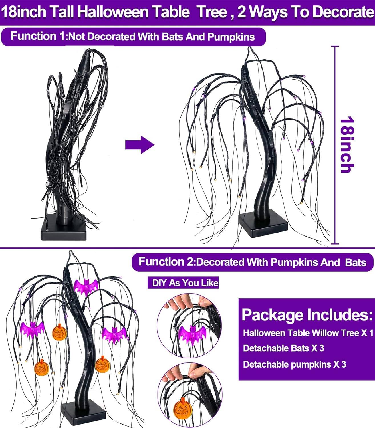 18'' Black Willow Tree with 24 LED lights, bats & pumpkins - Image 3