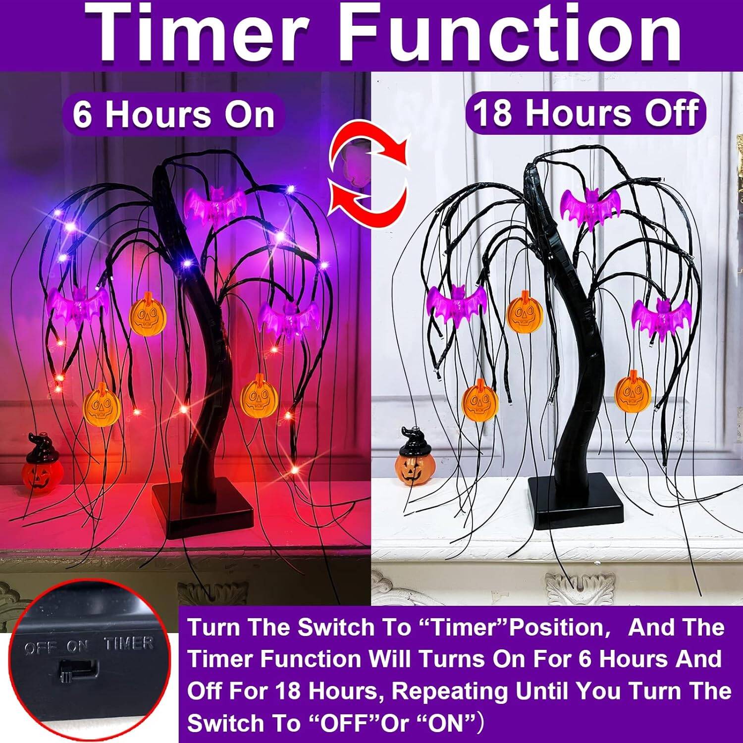 18'' Black Willow Tree with 24 LED lights, bats & pumpkins - Image 4