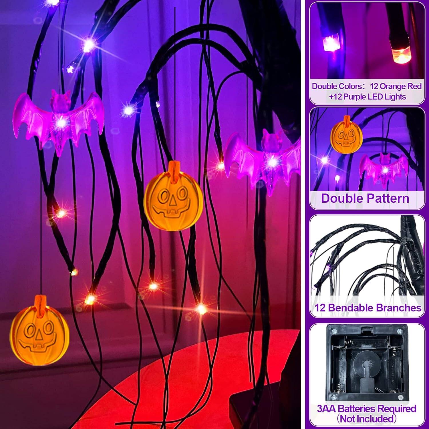 18'' Black Willow Tree with 24 LED lights, bats & pumpkins - Image 5