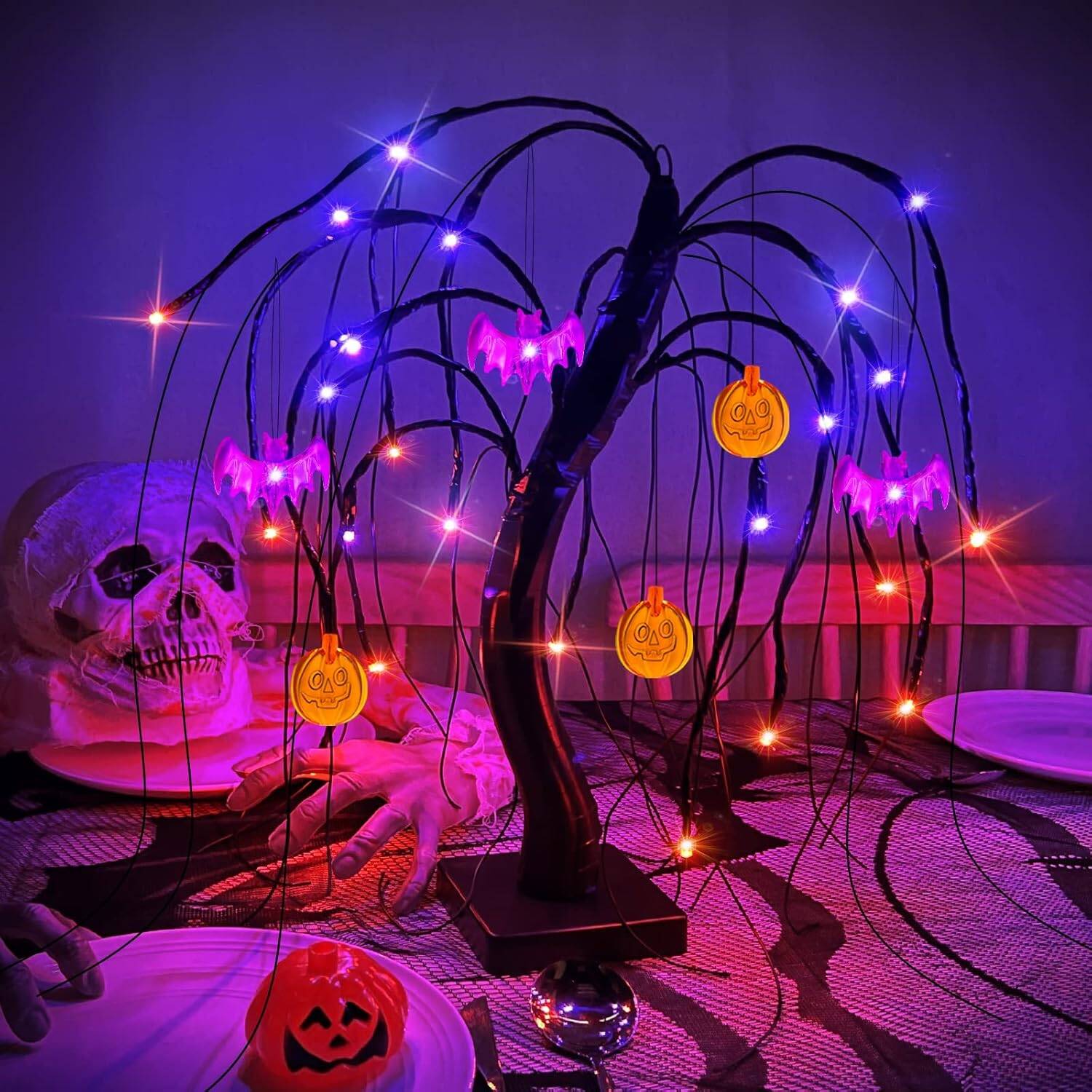 18'' Black Willow Tree with 24 LED lights, bats & pumpkins - Image 6