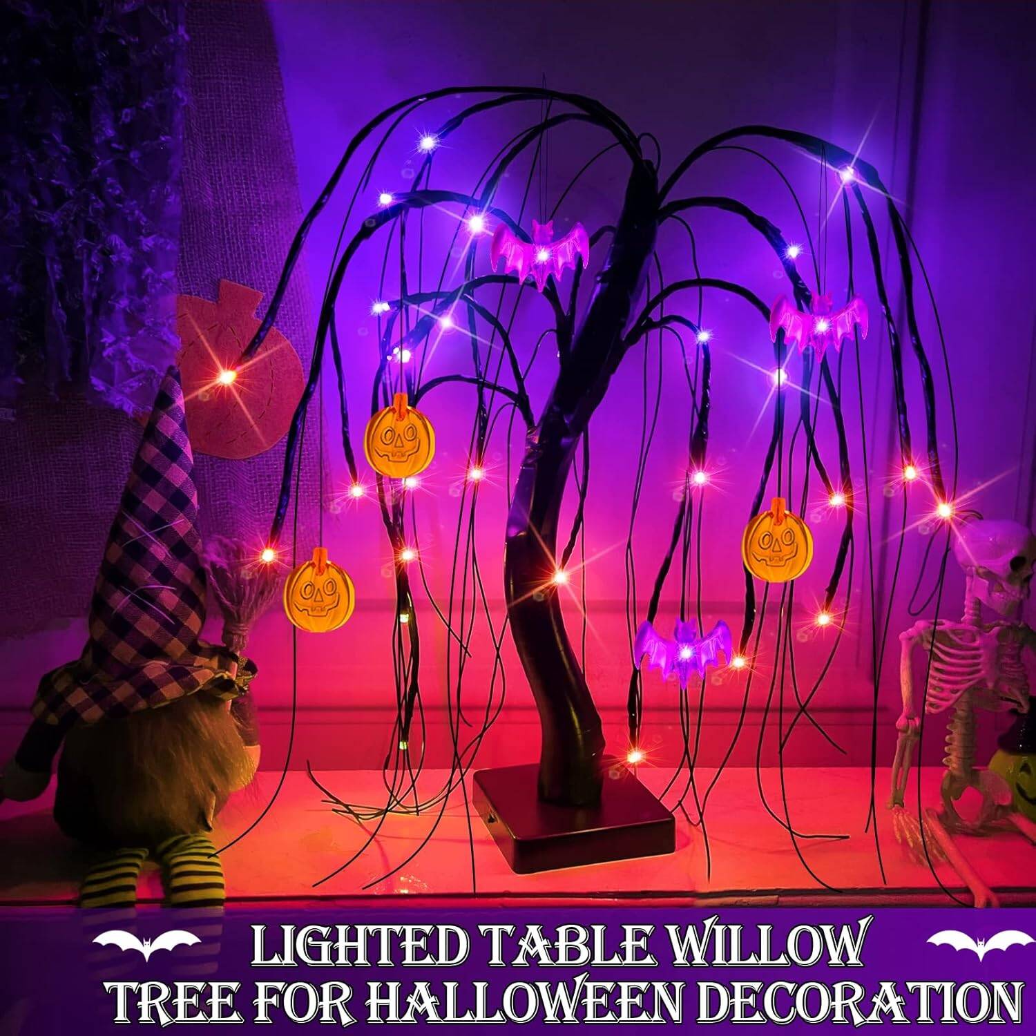 18'' Black Willow Tree with 24 LED lights, bats & pumpkins - Image 7