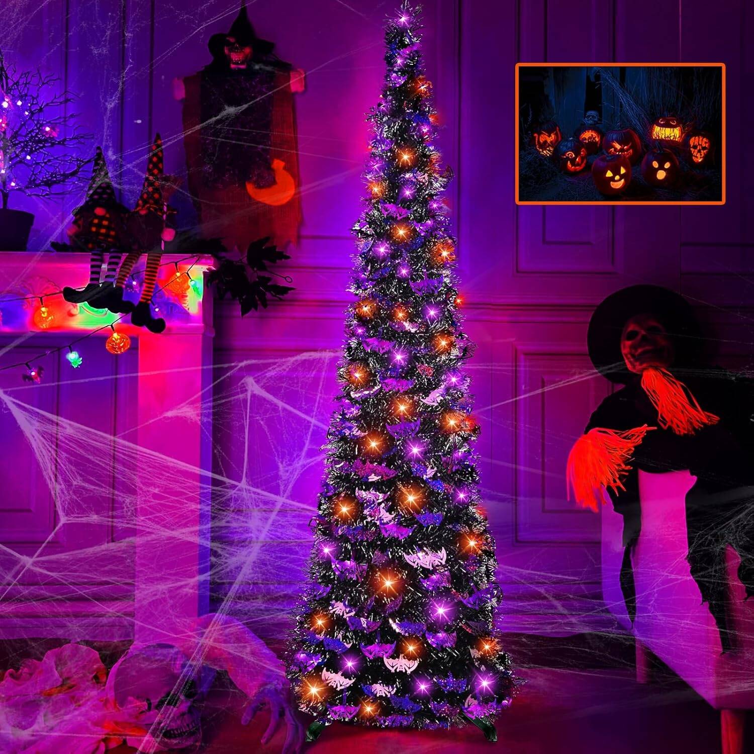 5ft Lighted Halloween Tinsel Tree with Timer, Bat Sequins, Battery Powered - Image 2