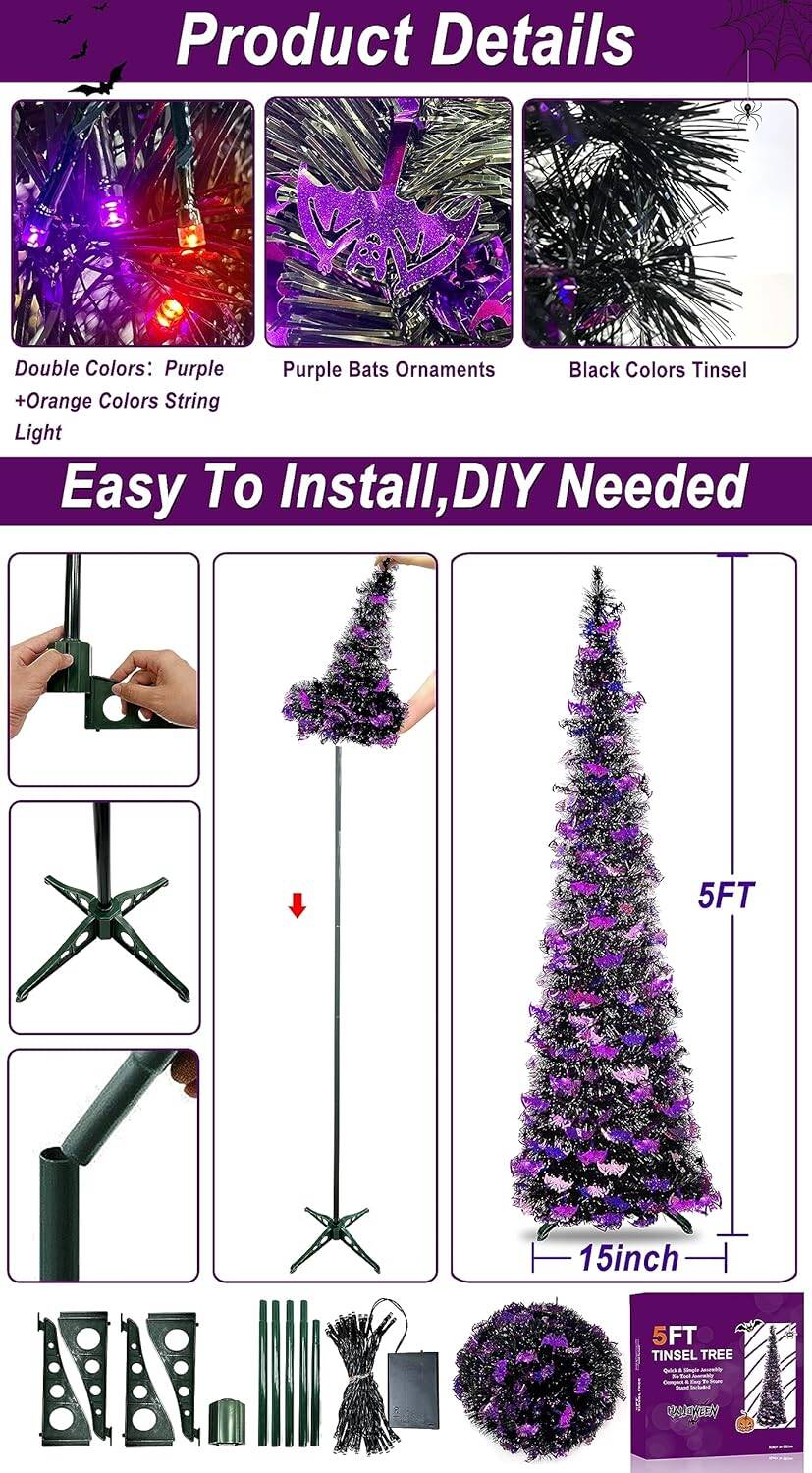 5ft Lighted Halloween Tinsel Tree with Timer, Bat Sequins, Battery Powered - Image 3
