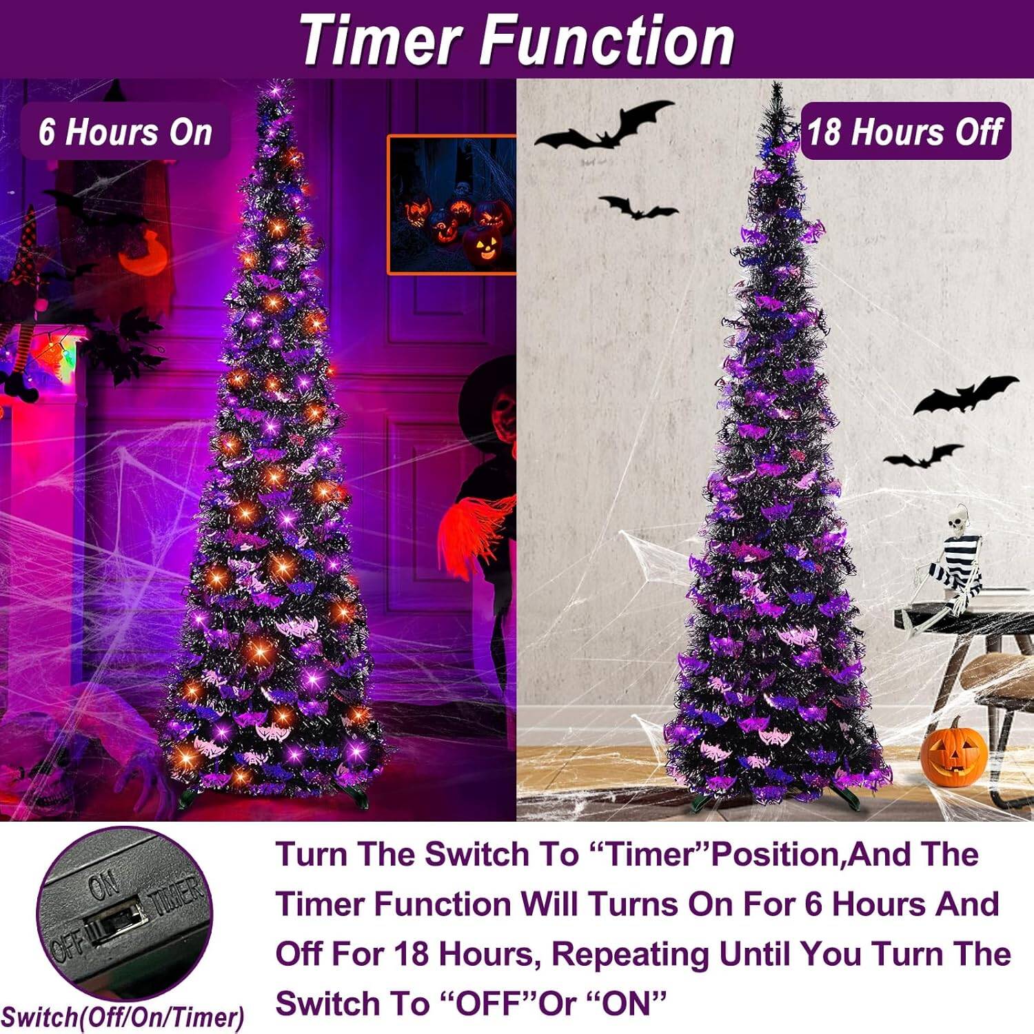 5ft Lighted Halloween Tinsel Tree with Timer, Bat Sequins, Battery Powered - Image 4
