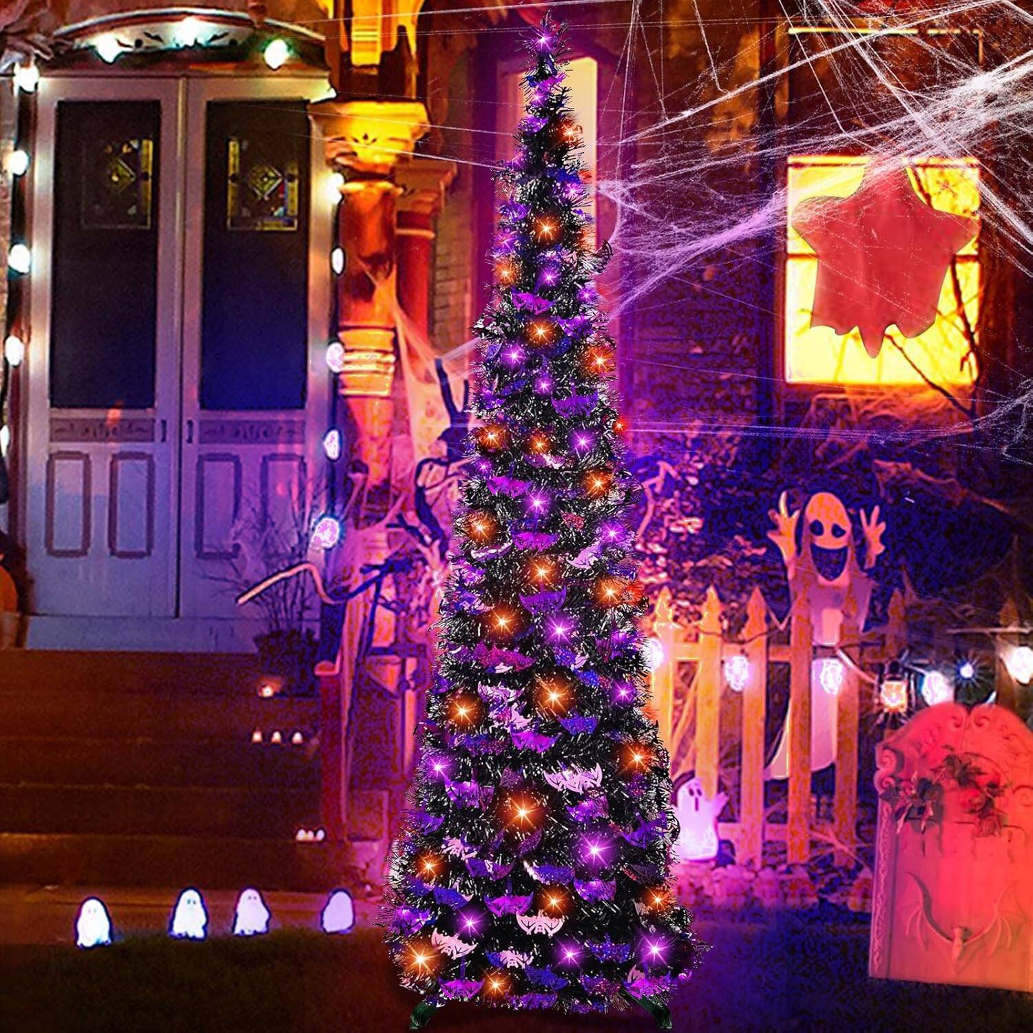 5ft Lighted Halloween Tinsel Tree with Timer, Bat Sequins, Battery Powered - Image 5